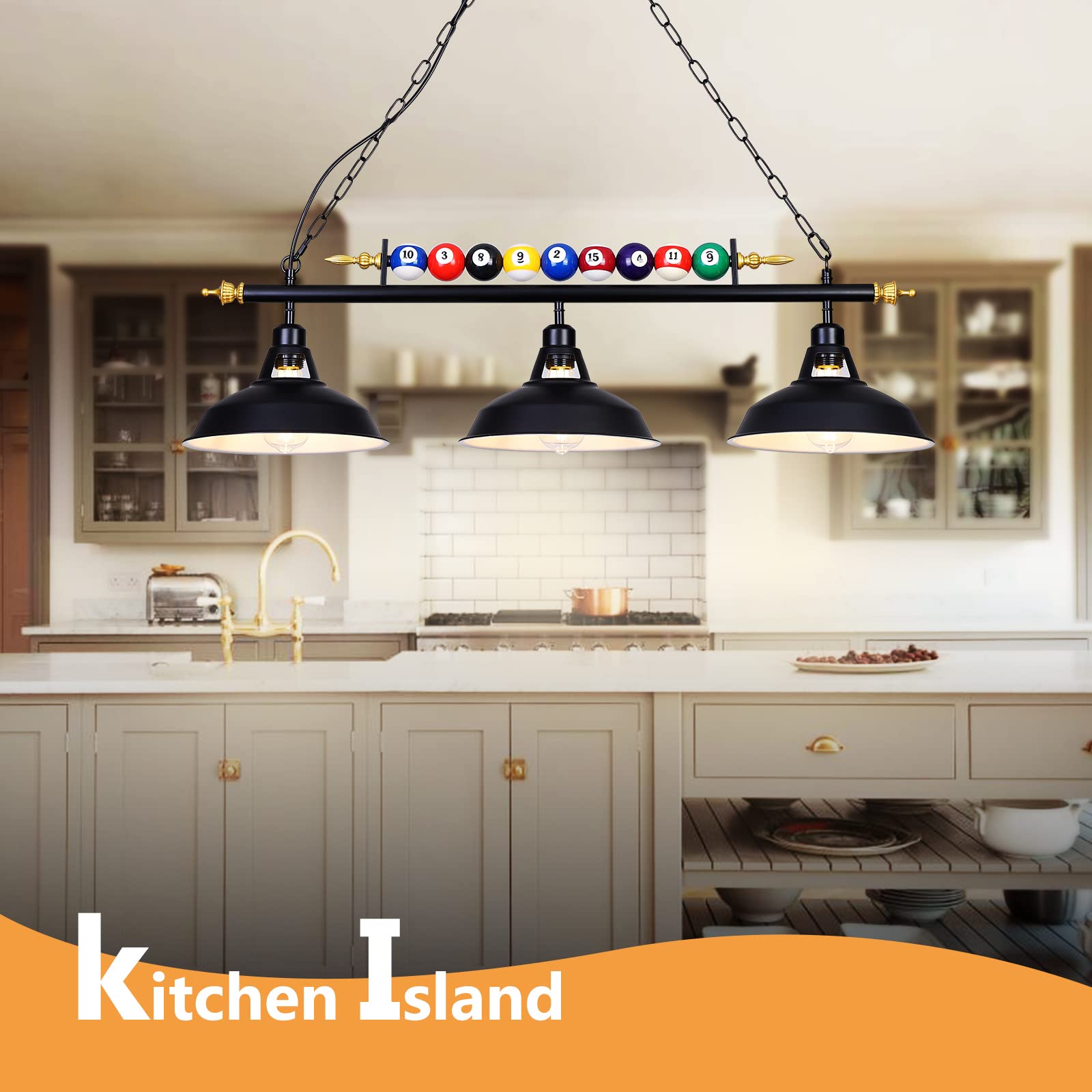 Mcacggo 3-Light Billiard Pool Table Lights Hanging Over Pool Table, Black Matte Metal Shades With Billiard Ball Decor, For Billi