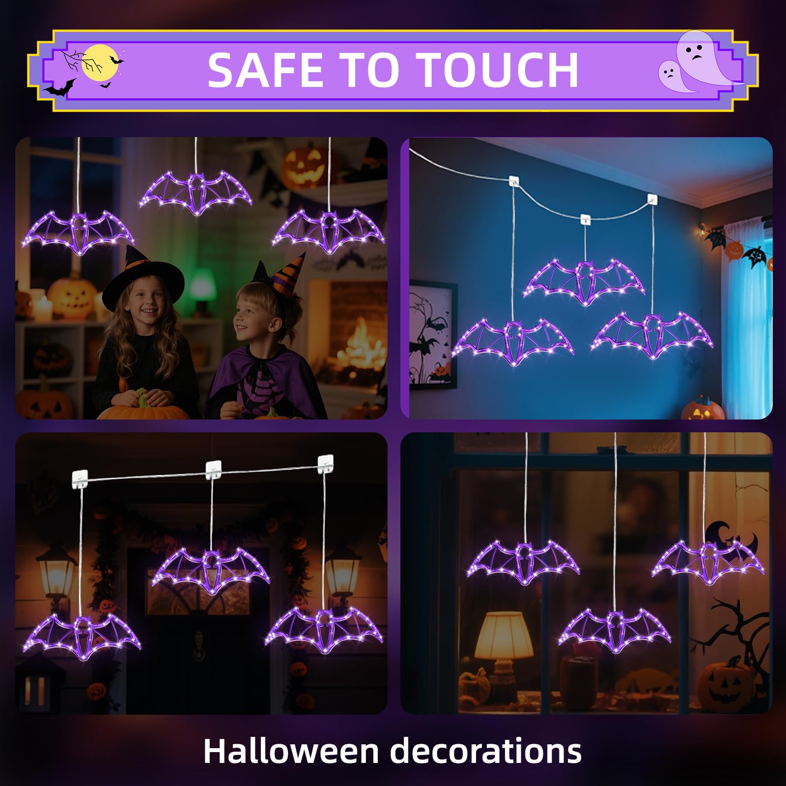Hopolon Halloween Decorations Lights 2Ft 36Led Halloween Purple Bat Windows Lights Battery/Usb Operated String Light  Ip44 Waterproof  8Mode&Timer For Indoor Outdoor Holiday Home Party Decor(4Hooks)