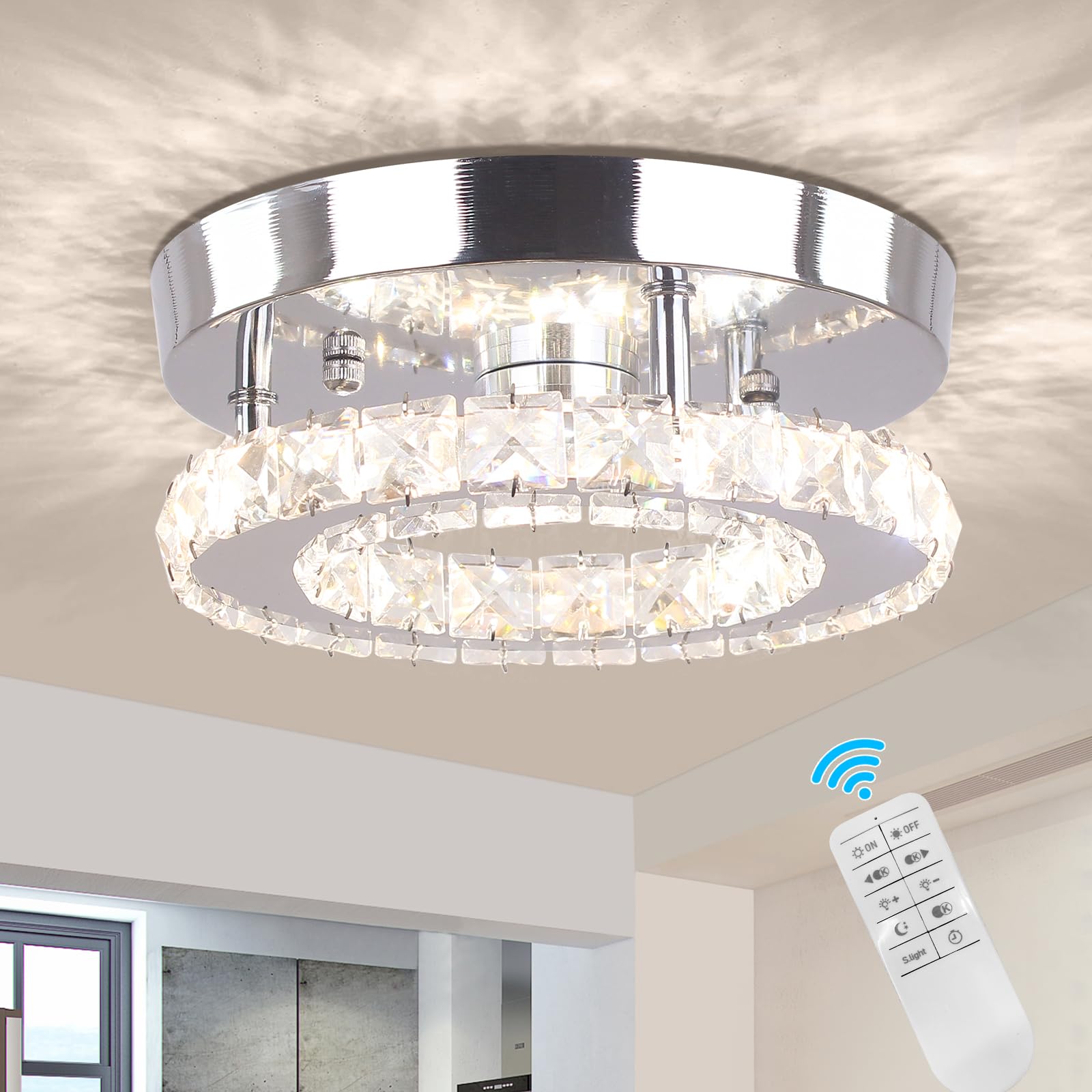 diisunbihuo Dimmable Mini Crystal Chandelier LED Flush Mount Ceiling Light Round Model XDY-D, Ideal for Hallway, Bedroom, Bathroom, Kitchen, Office