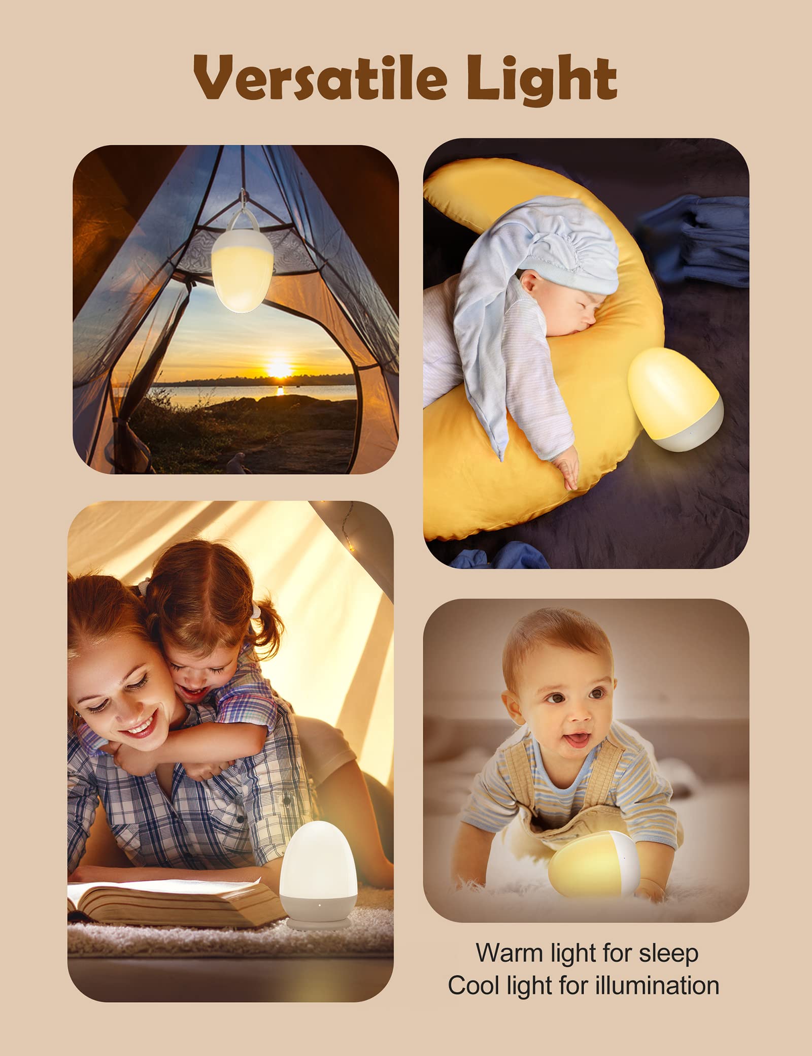 JolyWell Egg Night Light for Kids, Portable, Touch Control, Timer, ABS, 3.6x3.6x4.6 in, White-2, Model CL001