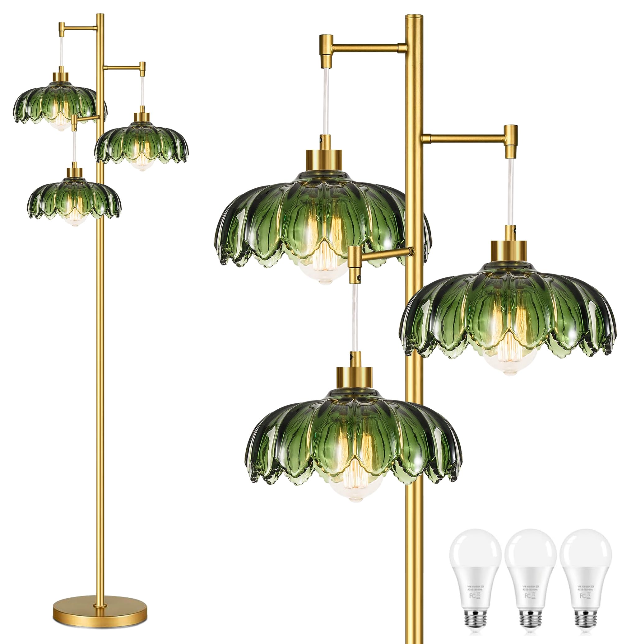 AHDWDW Gold Floor Lamp for Living Room Bedroom Modern Floor Lamps with Unique Green Glass Shades 3 Lights Mid Century Tall Standing Lamp Vintage Tree Flower Floor Lamp for Corner Office Reading