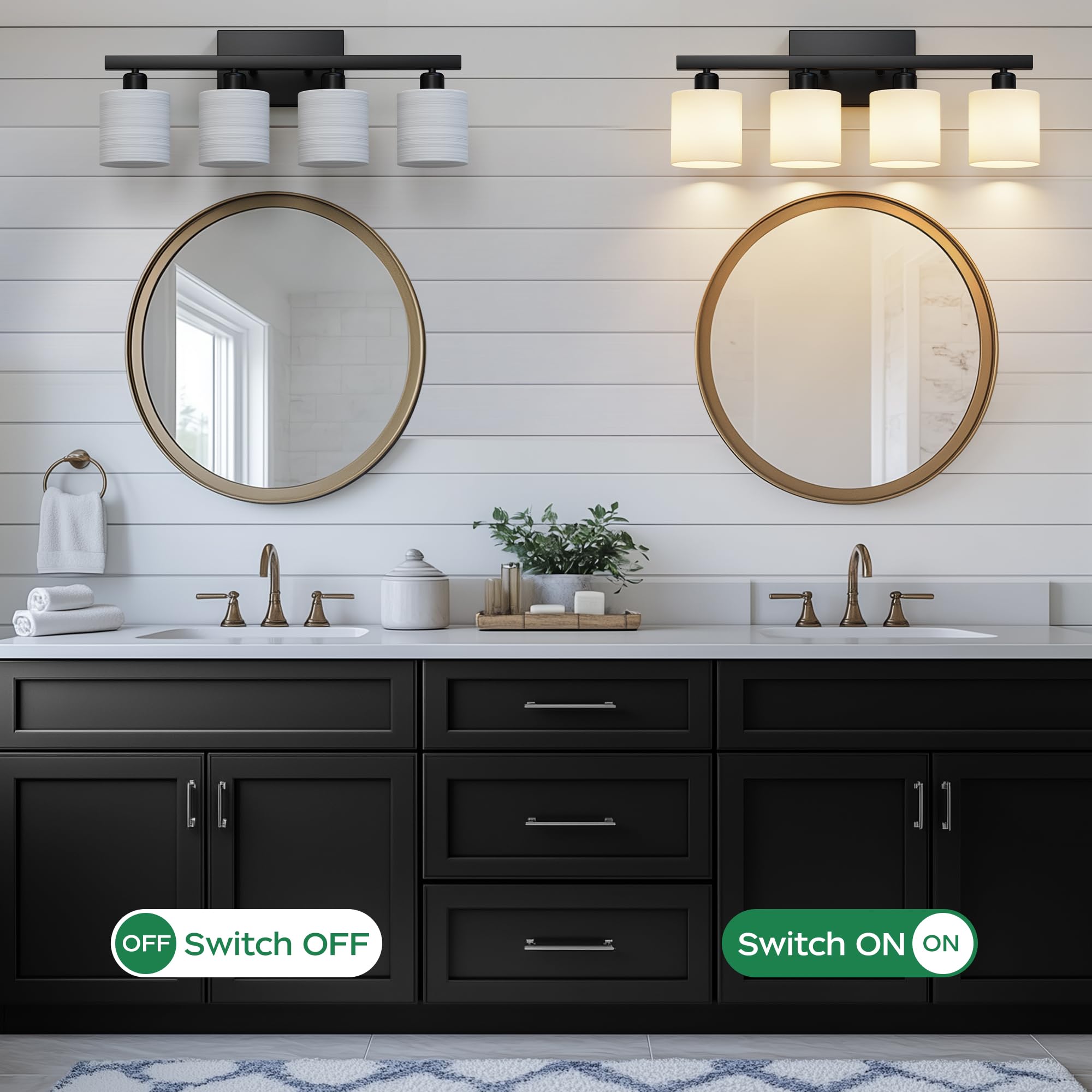 PARTPHONER Classic Vanity Light, 4-Light Modern Design, Matte Black, Textured White Glass Shade, Model PAWL201AB1