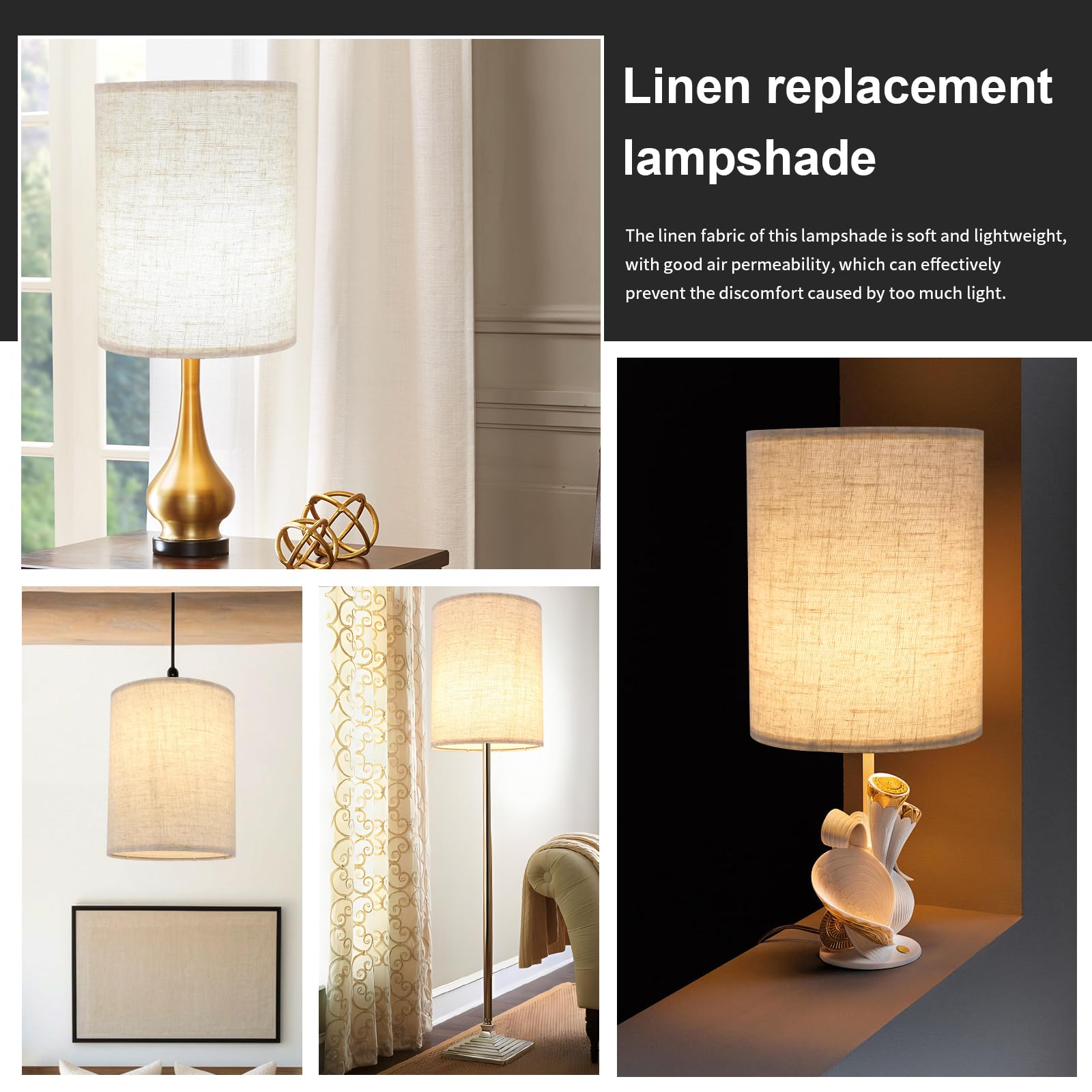 Beige Linen Tall Drum Lampshade, 10'' Top X 10'' Bottom X 13'' High Lamp Shade, Lamp Shade Replacement For Table And Floor Lamps