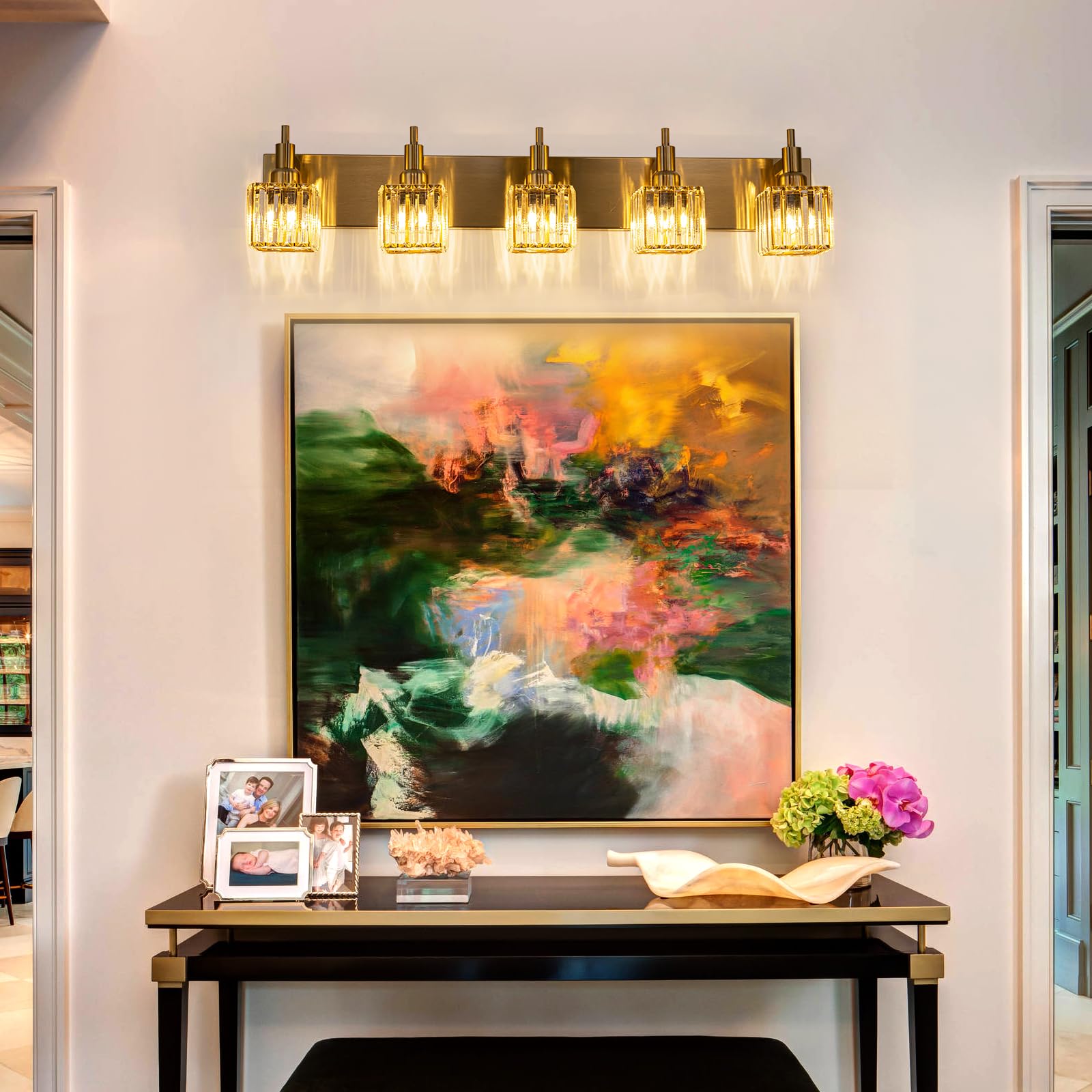 Huoku Gold Bathroom Vanity Lights - 5 Lights Crystal Bathroom Lighting Fixtures Over Mirror Modern Gold Crystal Wall Light