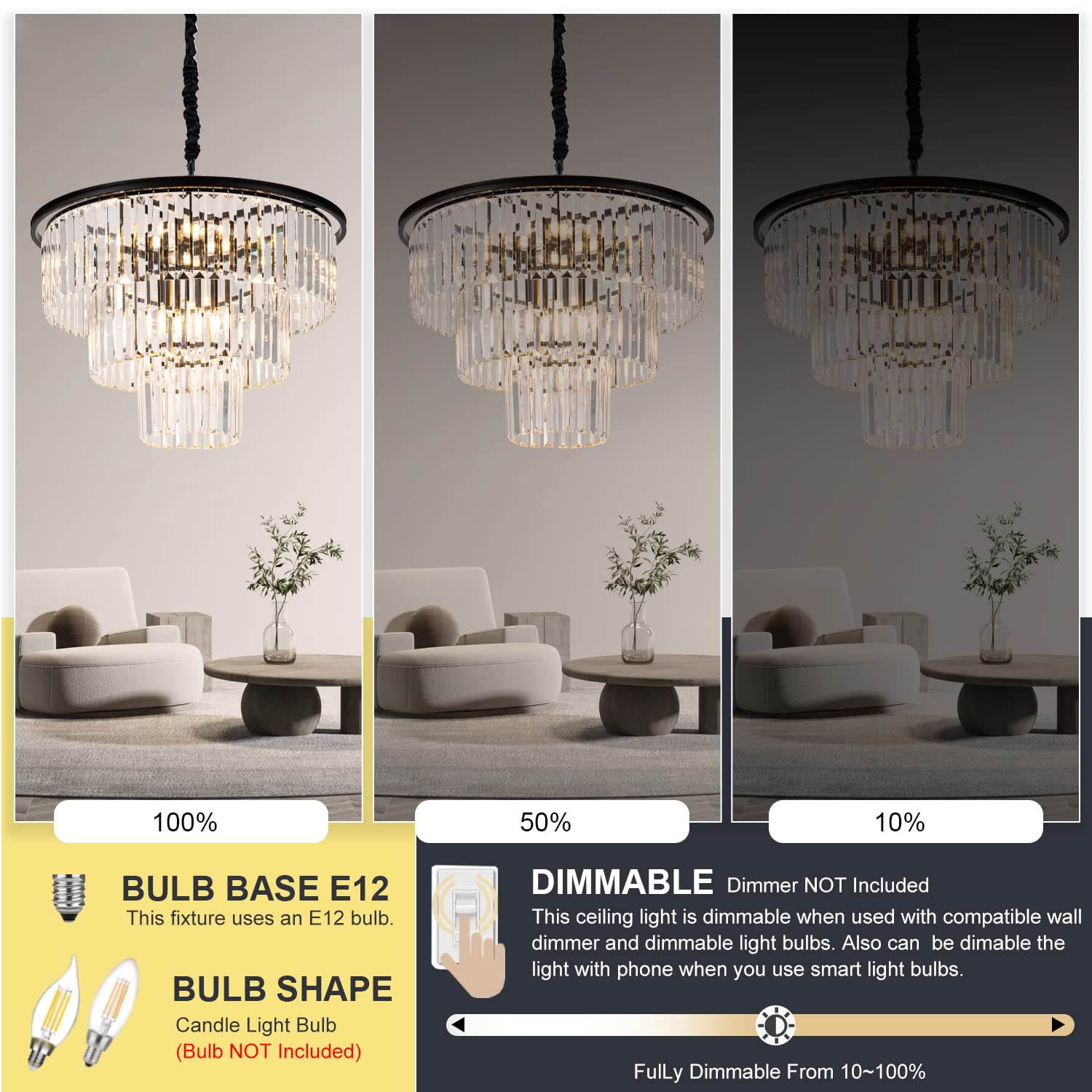Brfaixla 12 Lights 23.64 Black Modern Crystal Chandelier Crystal Pendant Ceiling Light Fixture 3-Tier Hanging Lighting For Dinning Room Bedroom Living Room Foyer