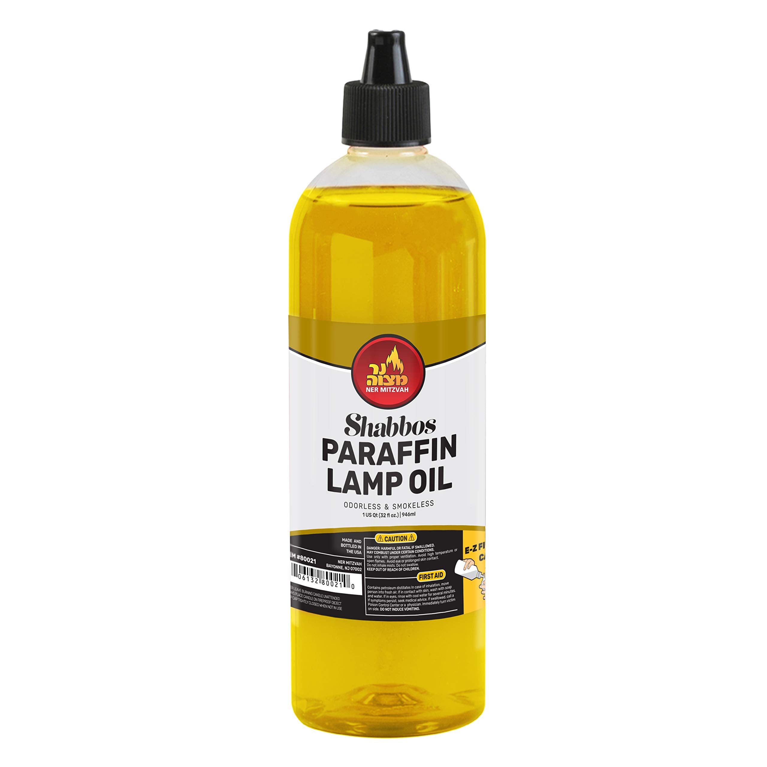 Ner Mitzvah Paraffin Lamp Oil - Yellow Smokeless  Odorless  Clean Burning Fuel for Indoor and Outdoor Use with E-Z Fill Cap and Pouring Spout - 32oz