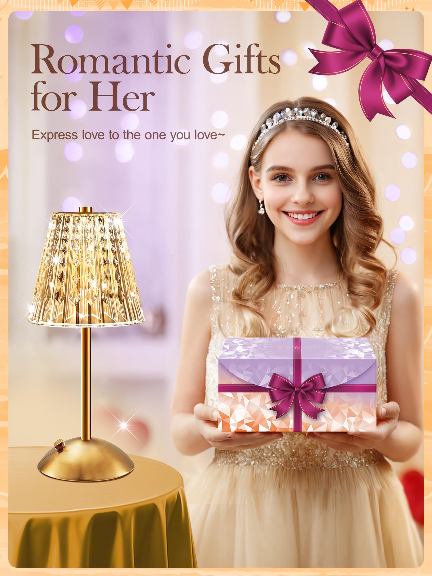 One Fire Table Lamp?Gifts Package?, Dimmable Cordless Lamp, 3 Colors Gold Lamp,Touch Lamp Diamond Crystal Lamp, 2000Mah Battery