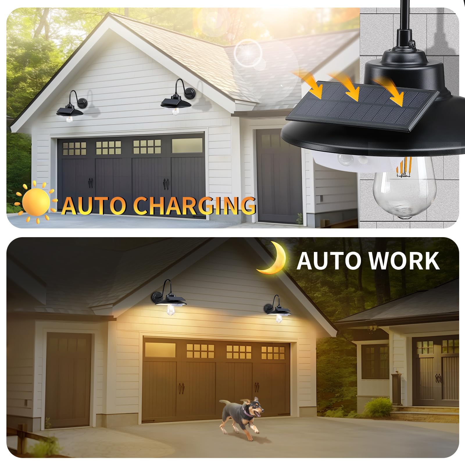 CRIRY Solar Barn Light - 3 Lighting Modes, Motion Sensor, IP65 Waterproof, 7.9" x 13.4", Black, Model WL501, Bulb Included