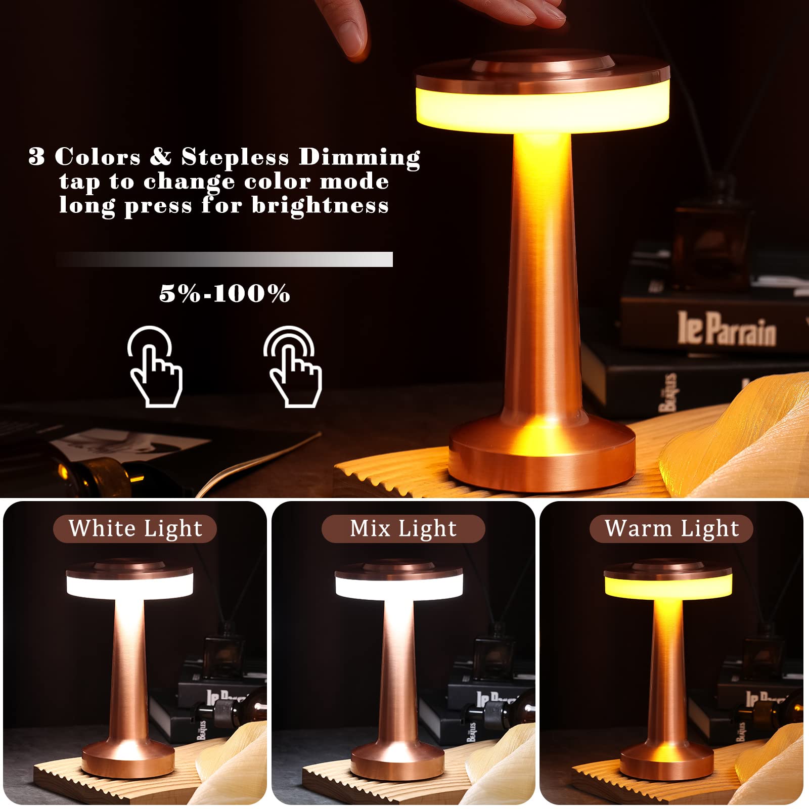 Riakrum LED Portable Cordless Table Lamp, Touch Sensor, 3 Color Dimming, Rechargeable, Rose Gold