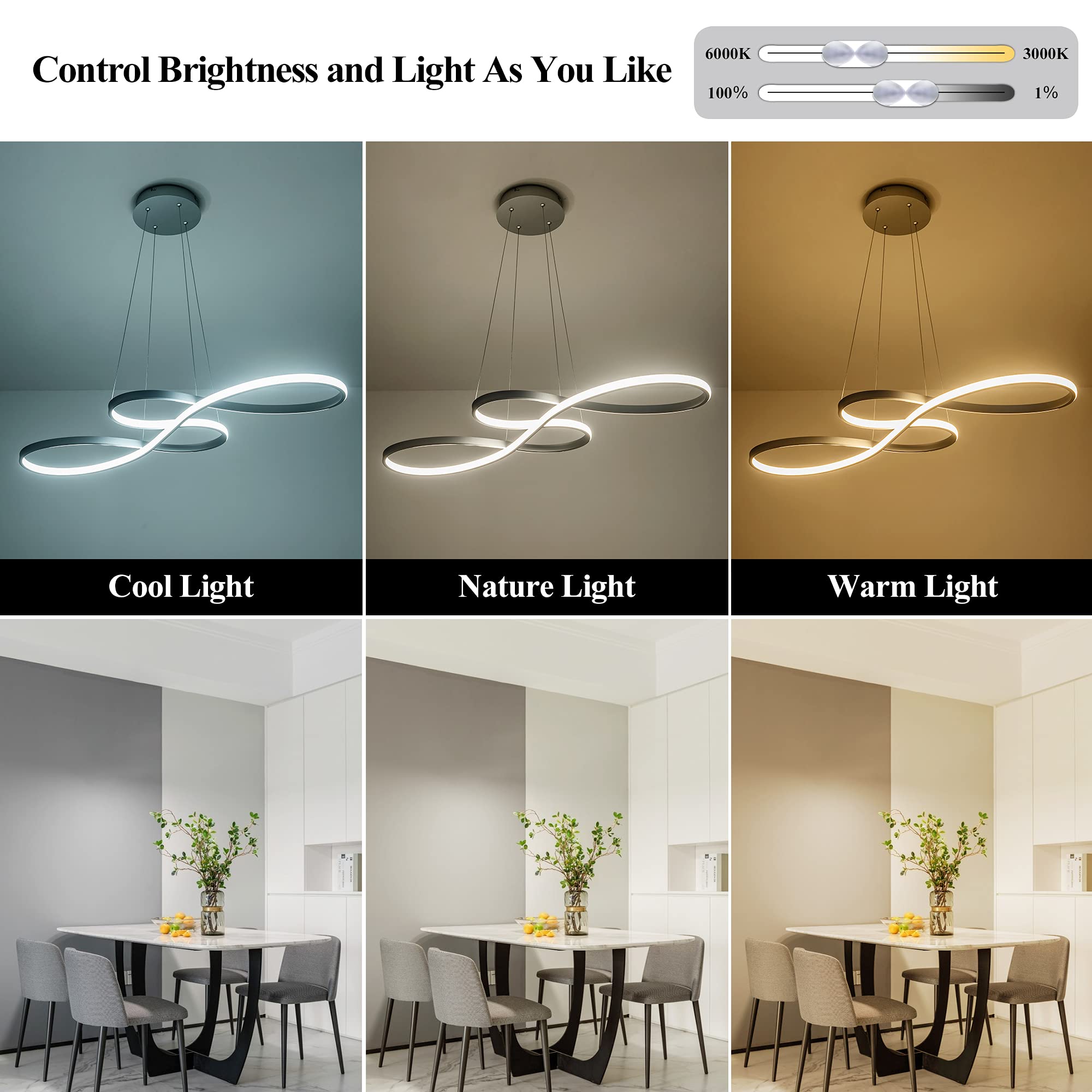 Sunmoo Modern Led Chandelier Dining Room Pendant Light Dimmable Creative Chandelier Remote Control Color/Brightness 3000-6000K A
