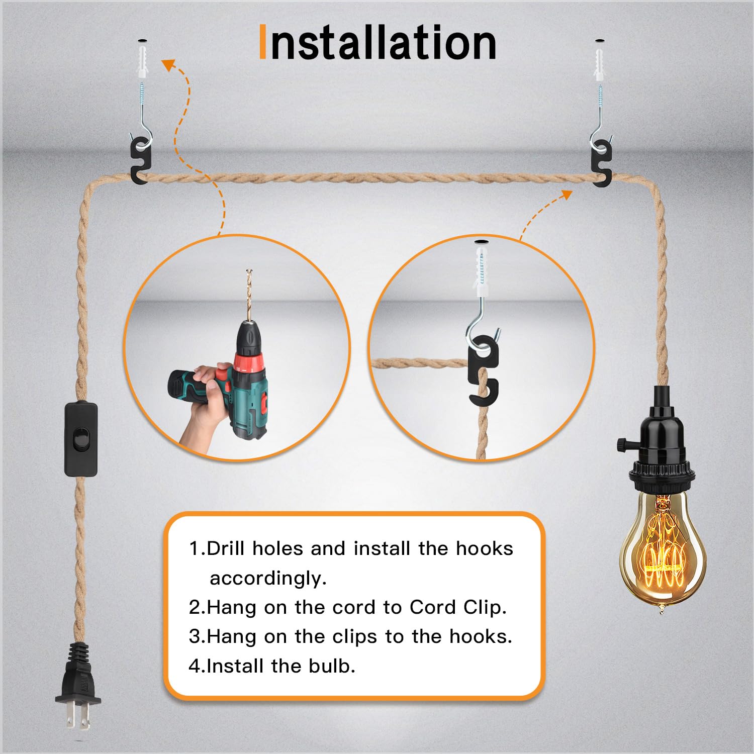 Zevnico Pendant Light Kit E26, 16.5FT Twisted Hemp Rope Hanging Light with Plug-in Cord & Switch, Vintage Farmhouse Industrial Decor