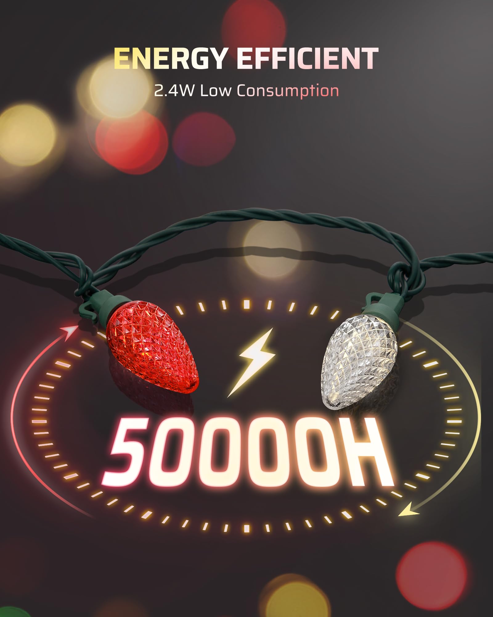 Dewenwils C9 Red & White Christmas Lights, 33.3Ft 50 Led String Lights Waterproof, Indoor/Outdoor Xmas Bulb Light With Hook For