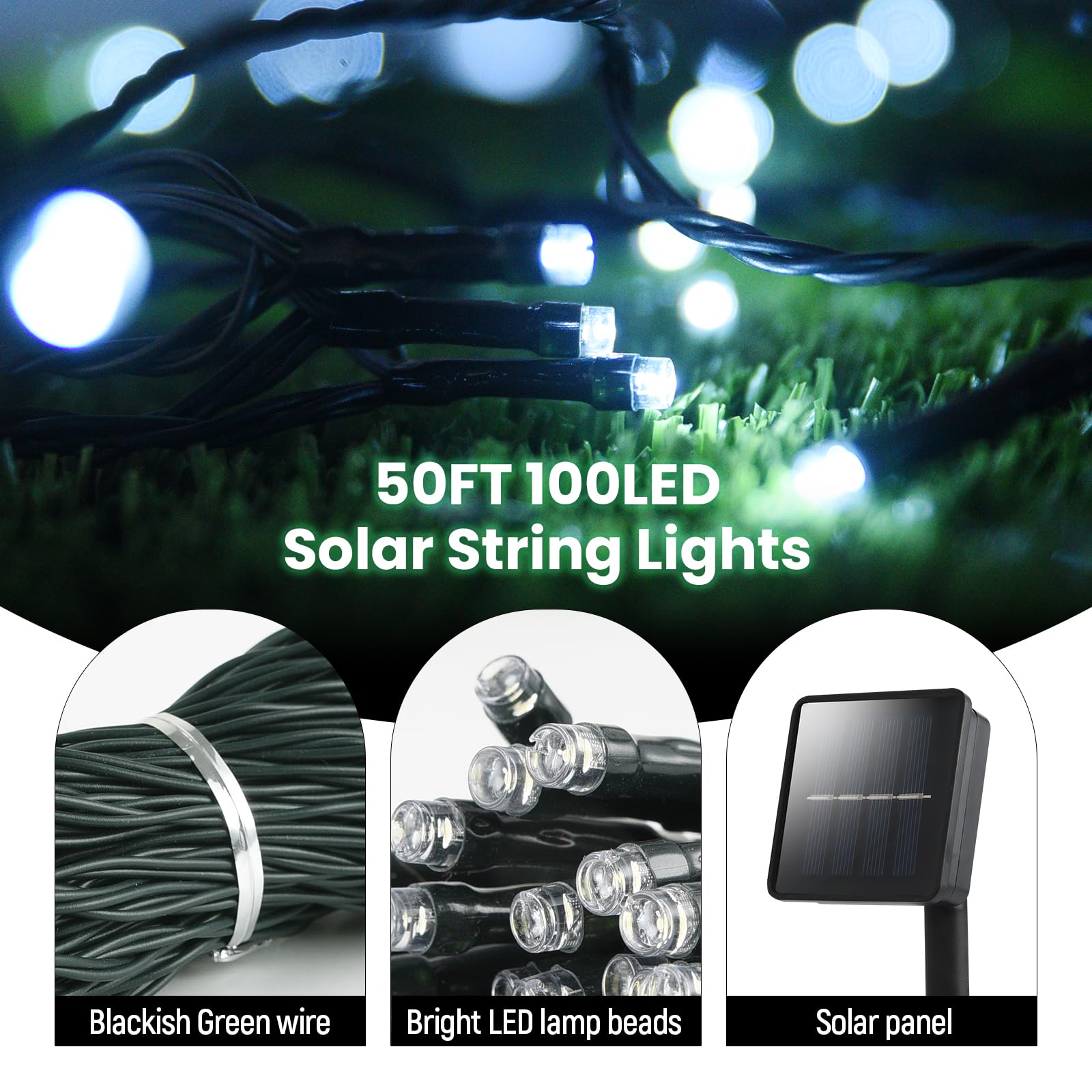 Solar String Lights For Outside,50Ft Solar String Lights Outdoor Waterproof 100 Led Solar Fairy Lights 8 Lighting Mode Solar Str