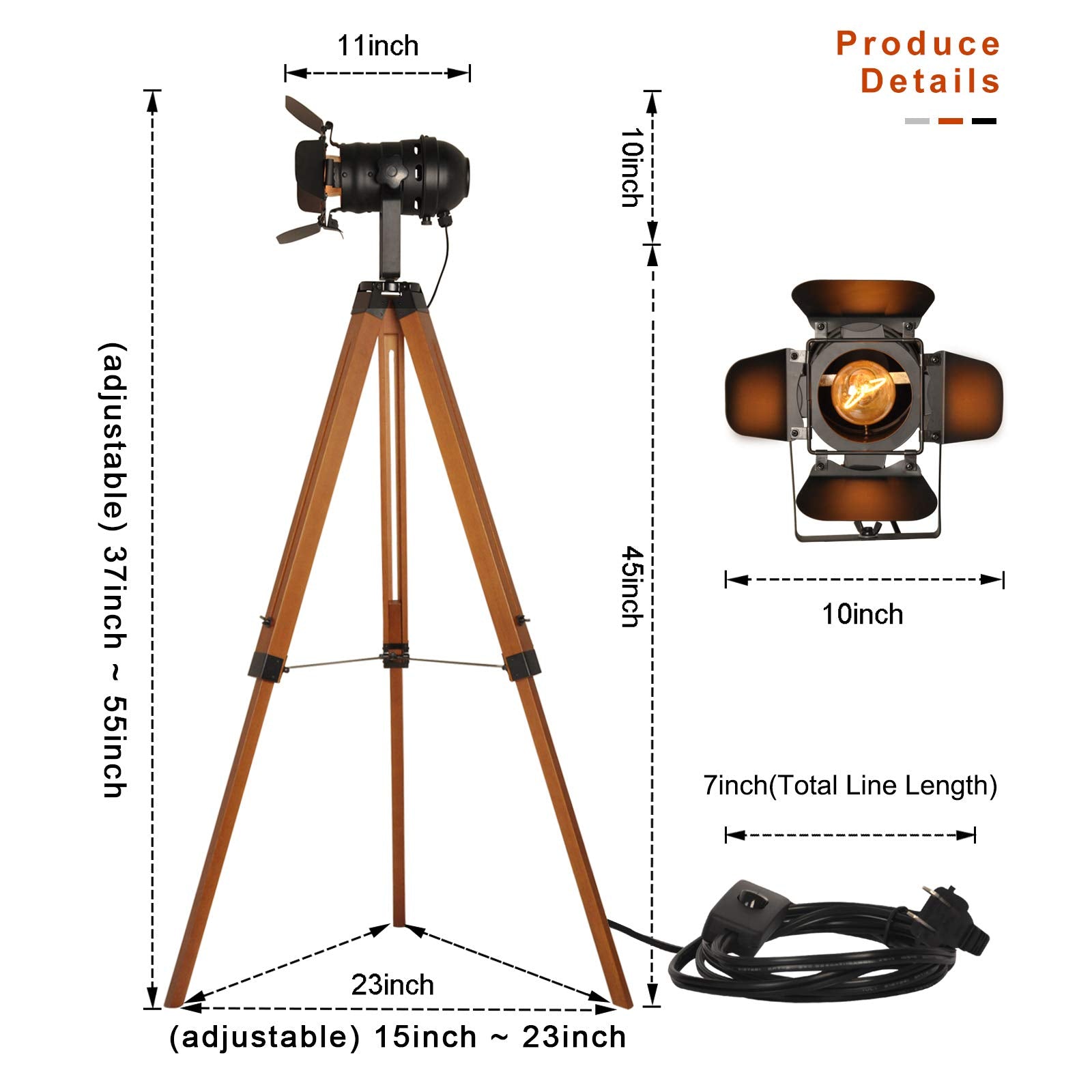 SUNLLOK Vintage Black Wood Tripod Floor Lamp - Industrial Nautical Design, Tall Adjustable Reading Light for Living Room & Office