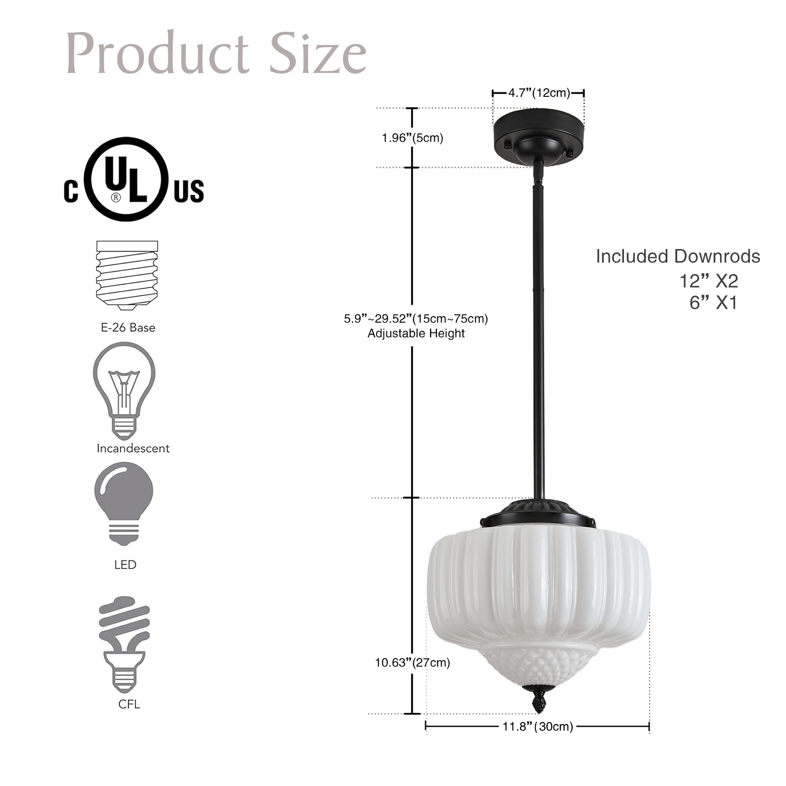 Fctwaks Schoolhouse Pendant Light  12 Black Schoolhouse Ceiling Light Fixture With Milk Glass White Shade  Adjustable Height  Mid Century Modern Pendant Lighting For Kitchen Island Dining Room