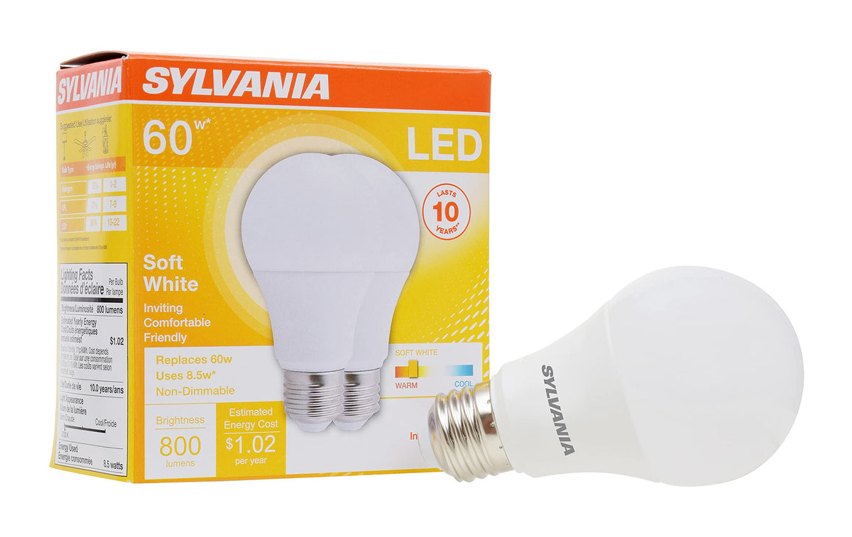 Sylvania Led Light Bulb, 60W Equivalent A19, Efficient 8.5W, Medium Base, Frosted Finish, 800 Lumens, Soft White - 2 Pack (73886