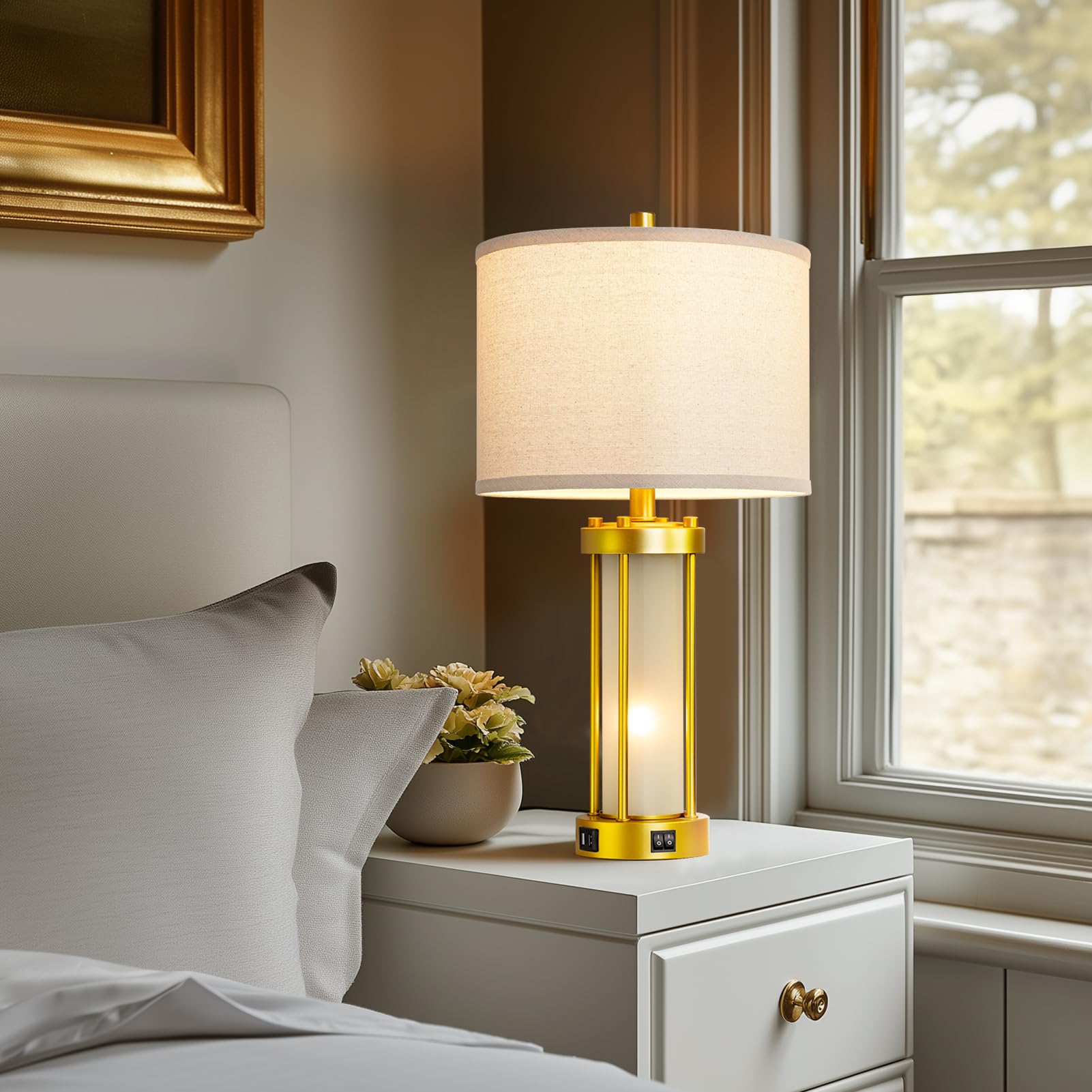 Roria Modern Table Lamps For Living Room Set Of 2, Farmhouse Bedroom Lamps For Nightstands With Dual Usb Ports, Gold Bedside Lam