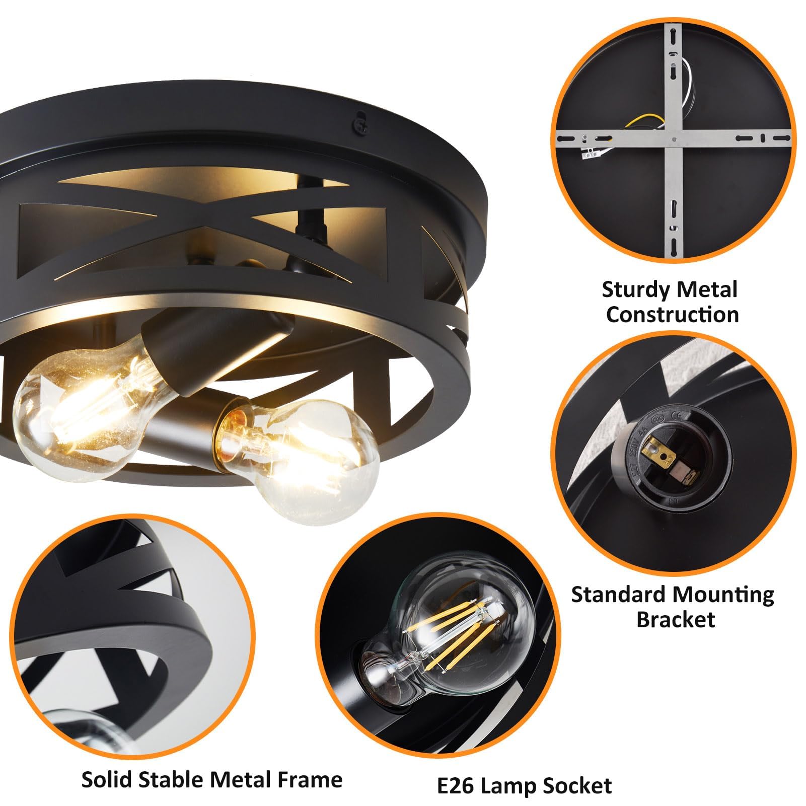 2-Light Flush Mount Ceiling Light Fixtures, Farmhouse Ceiling Light Fixture, Black Hallway Light Fixtures Ceiling, Vintage Light