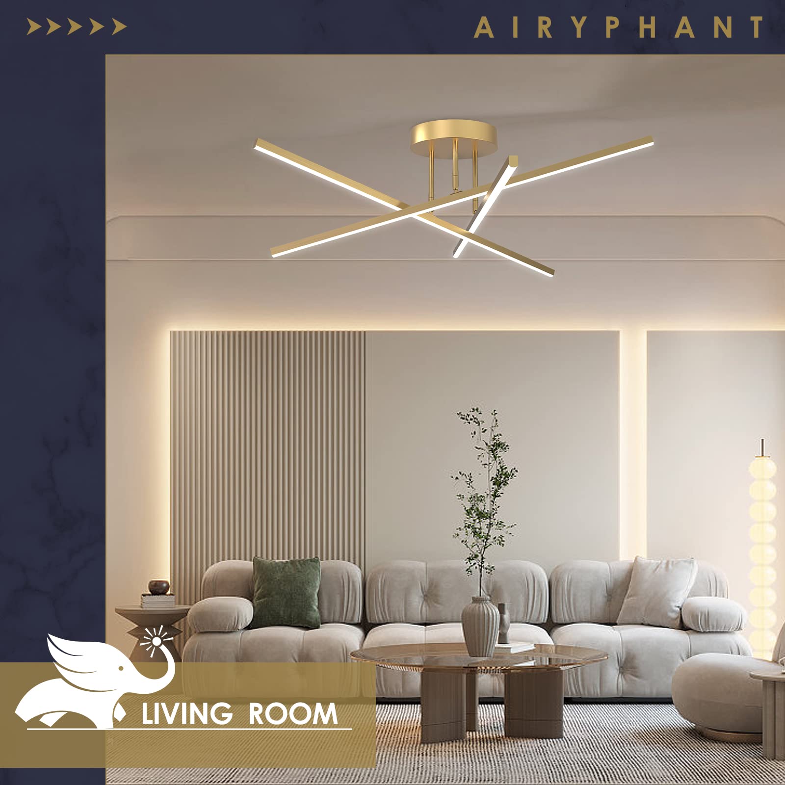 Airyphant Gold Led Chandelier, 3-Lights Modern Semi Flush Mount Ceiling Lighting Fixture For Kitchen Dining Room Foyer Entry Bed