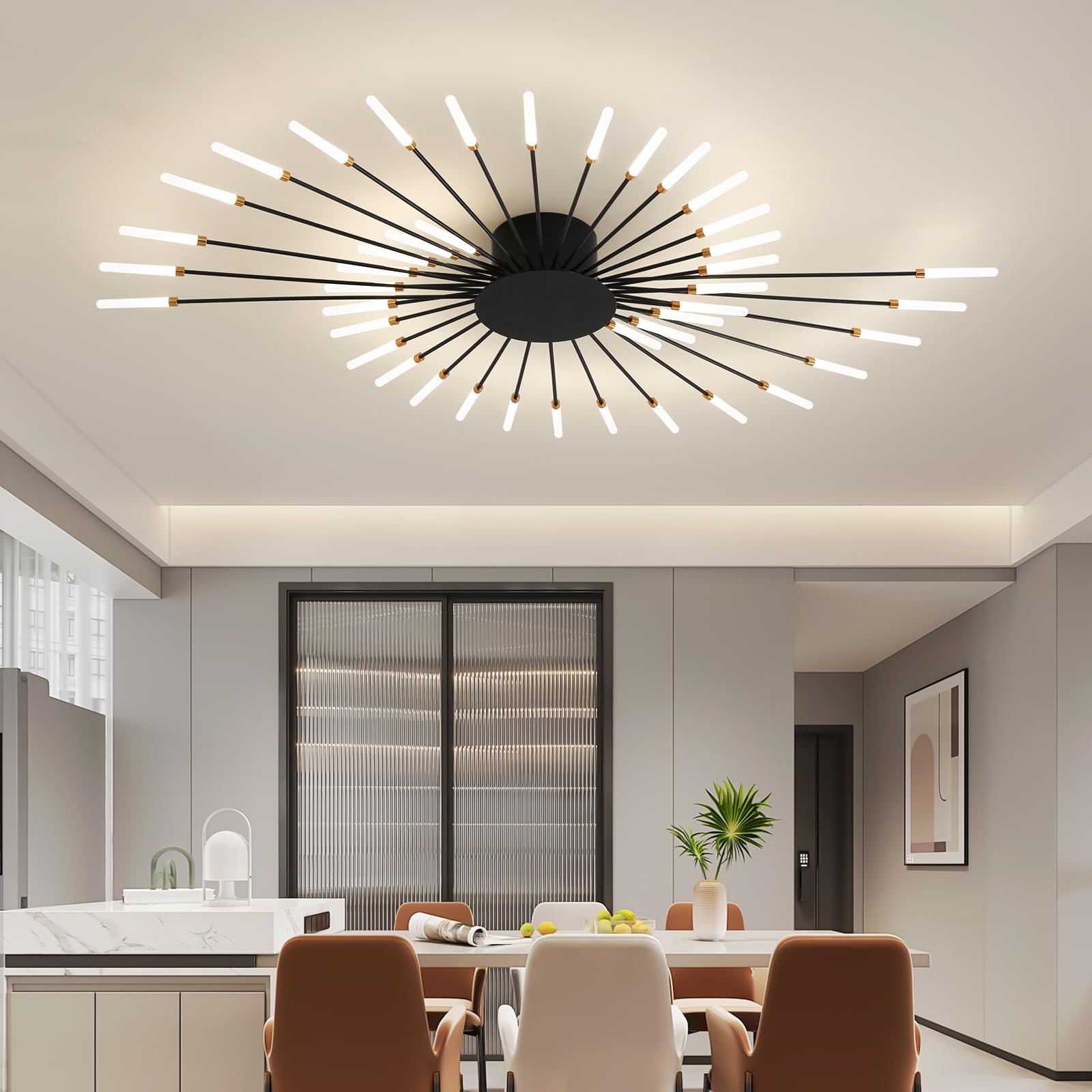 Ziidoo Modern Ceiling Light  42 Lights Metal Firework Designed Chic Led Lighting Fixture For Farmhouse Kitchen Dining Room Bedroom Hallway Living Room (Black)