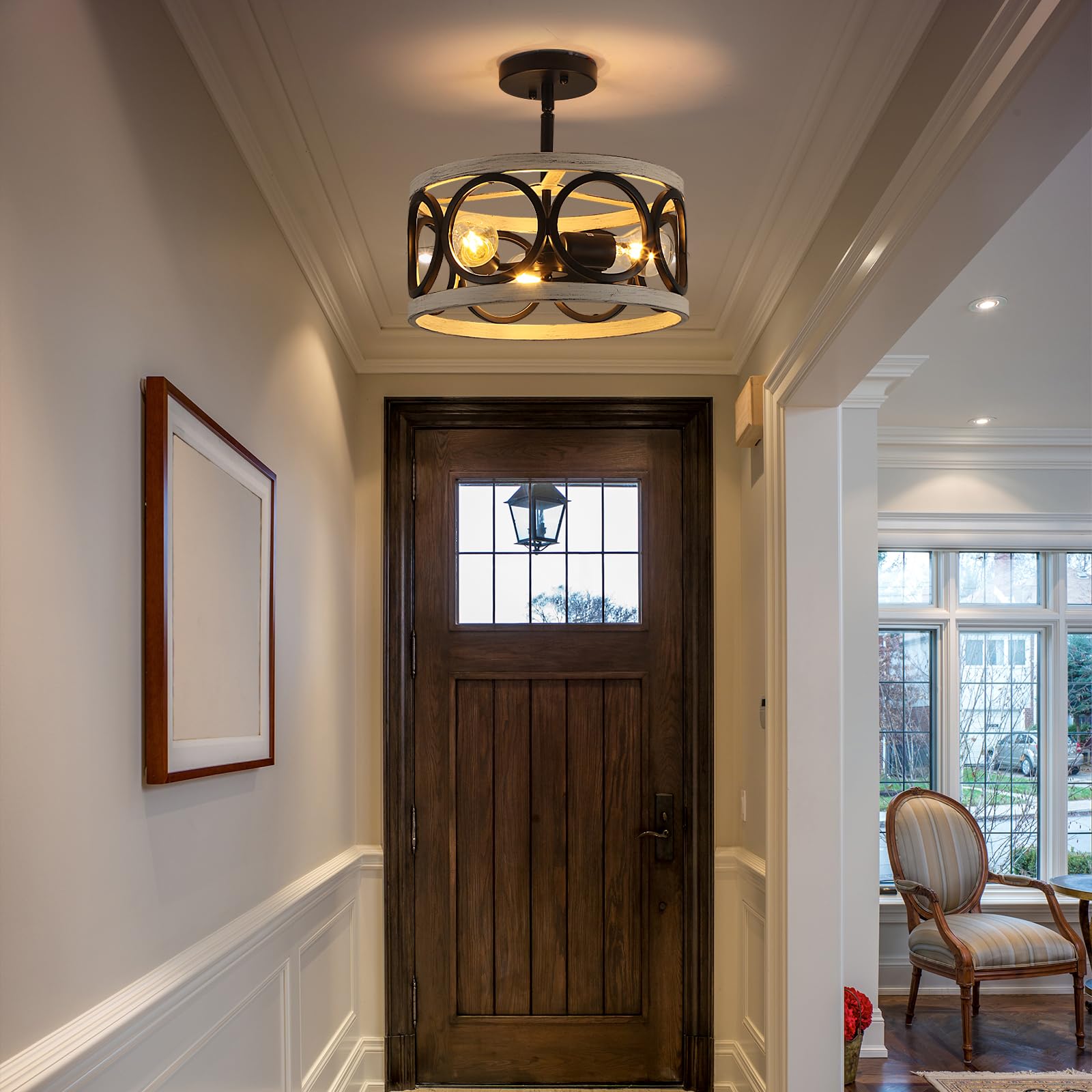 Qianzhan Farmhouse Semi Flush Mount Ceiling Light,3-Light Industry Oak White Sloped Ceiling Light Fixtures D13 Inches Rustic Met