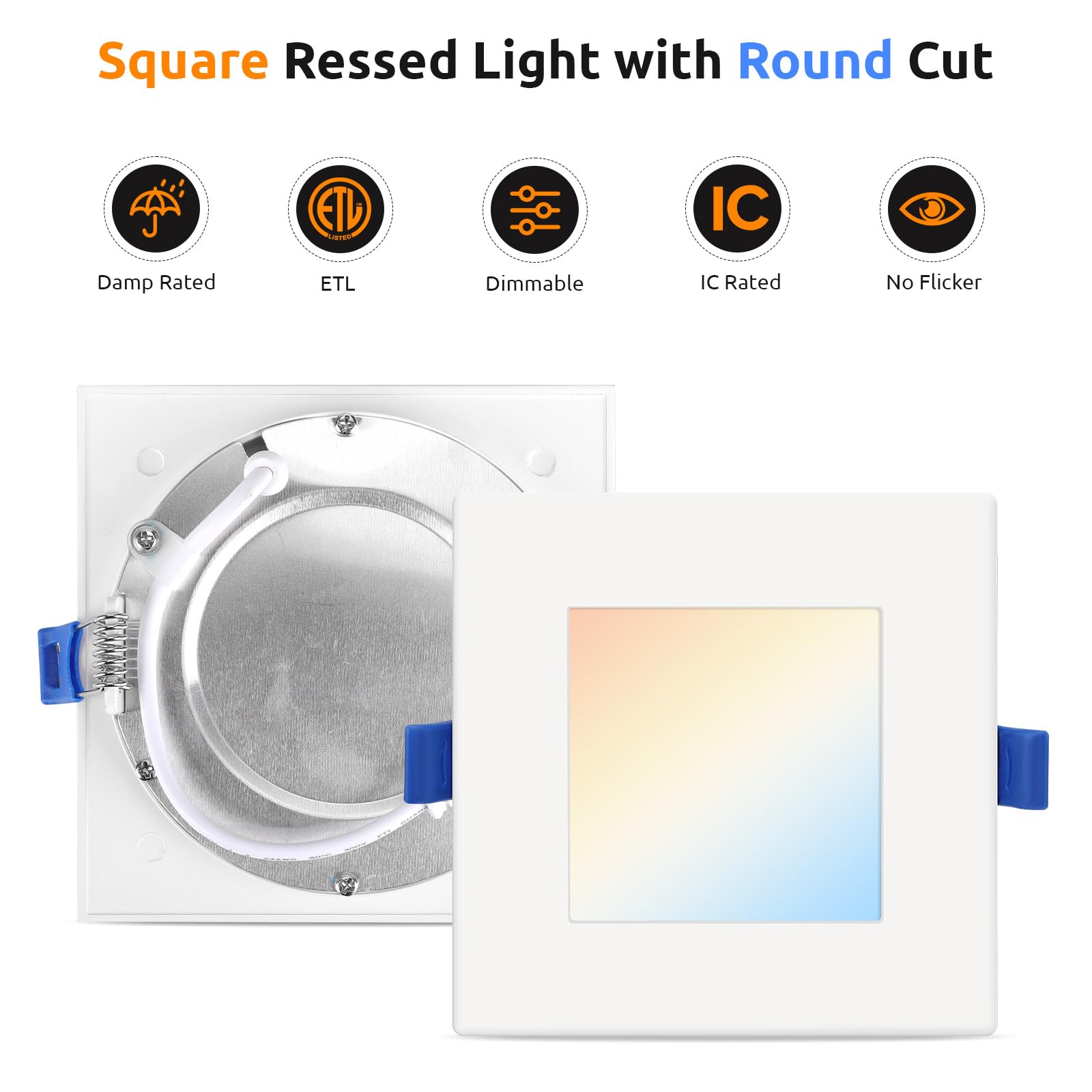 Honzin Square Led Recessed Lighting 4 Inch  5Cct Ultra Thin Led Recessed Ceiling Lights 1 Pack  Selectable 2700K/3000K/3500K/4000K/5000K  9W  Ic Rated  Dimmable Square White Trim With Junction Box