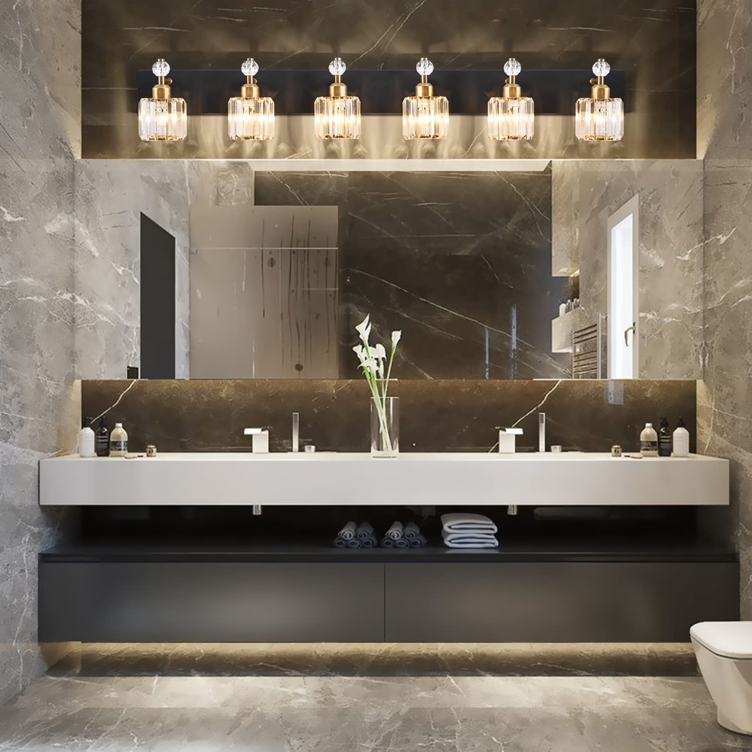 PRESDE Modern Crystal Black and Gold 6 Light Vanity Light Fixtures for Bathroom Over Mirror Bathroom Wall Light Fixtures