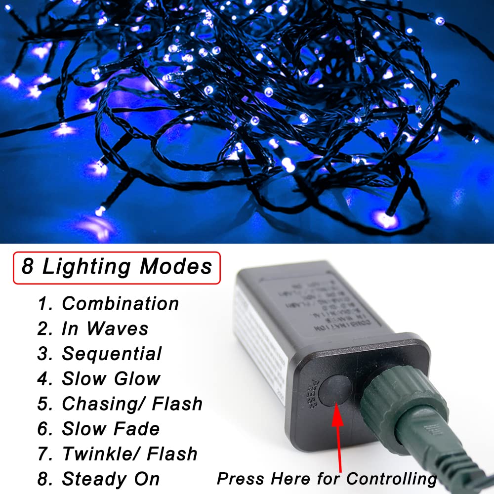 Pooqla 200 LED Blue String Lights, 66 ft Indoor/Outdoor, 8 Modes, PVC, Green Wire