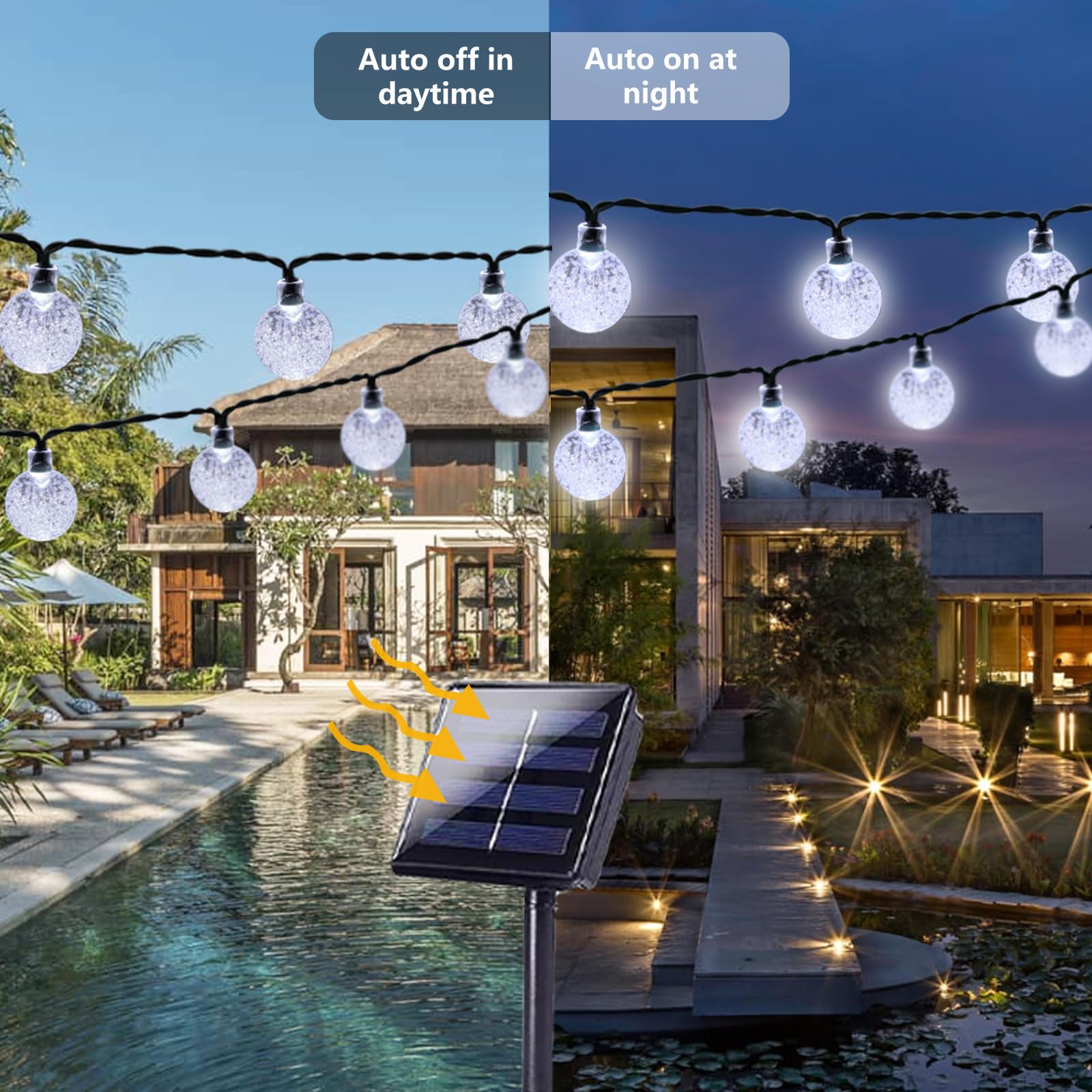 White 2-Pack 100 LED 64FT Crystal Globe Solar Christmas Lights Outdoor, Waterproof Solar String Lights Outdoor Decorative, 8 Lig