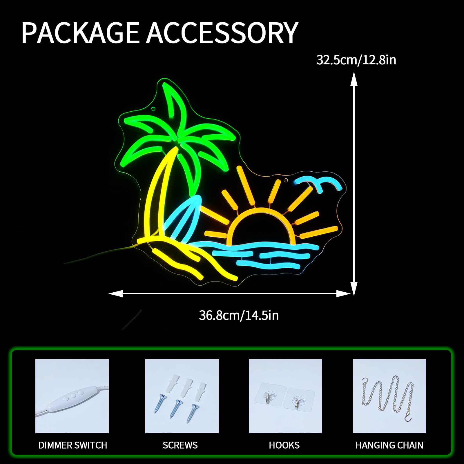 Virlusy Neon Sign Coconut Tree LED Light Summer Beach Decor Small Green Blue Yellow YL-Beach Sunset