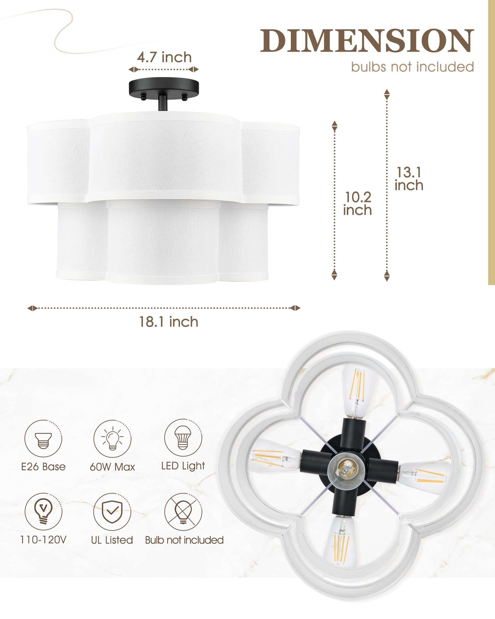 Audickic Black Semi Flush Mount Ceiling Lights, 5-Light 18'' Ceiling Light Fixtures With Double Fabric Drum Shade In Quatrefoil