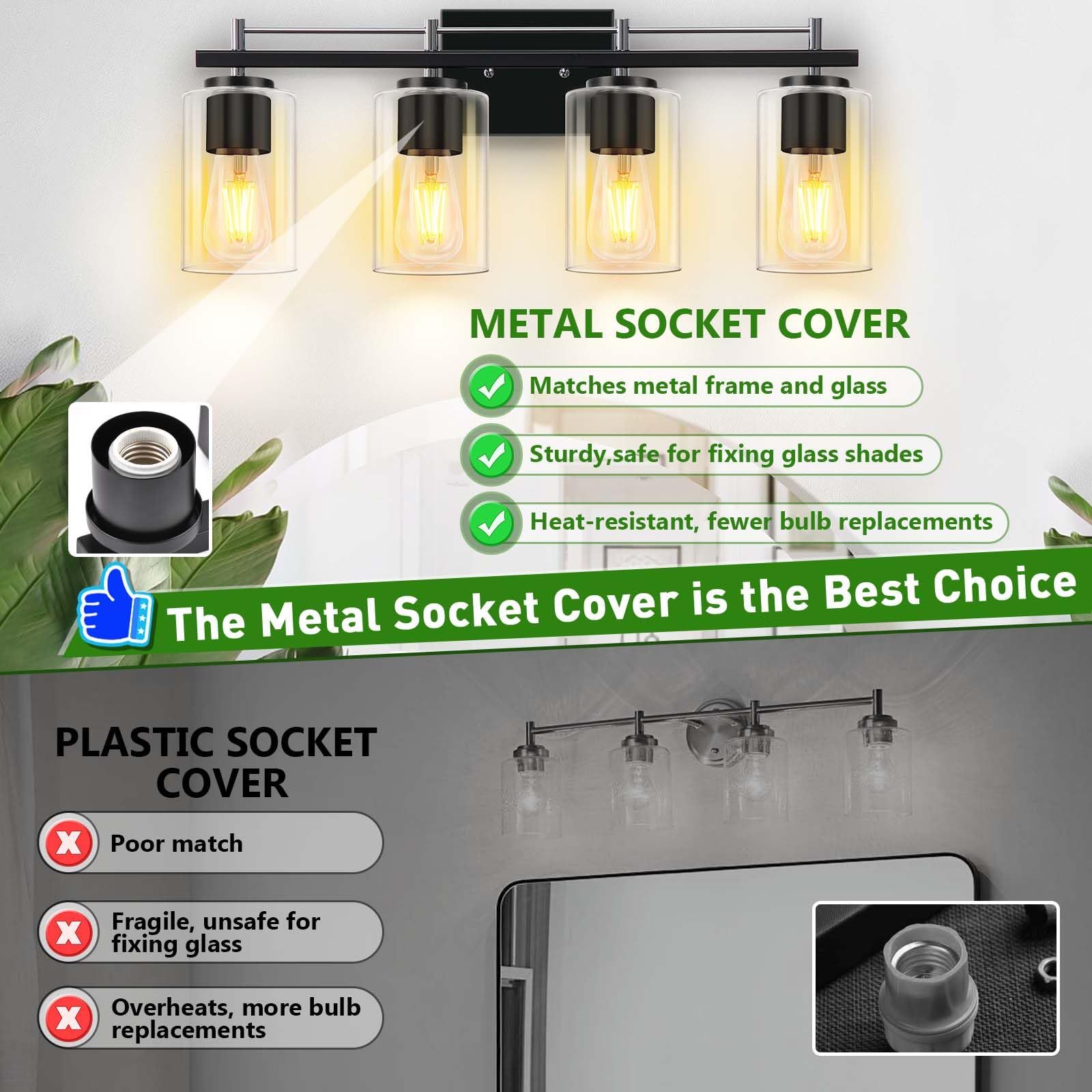 LWSOY 4-Lights Bathroom Light Fixtures, Modern Metal Vanity Light, 24 Inch, Black & Silver with Clear Glass Shade