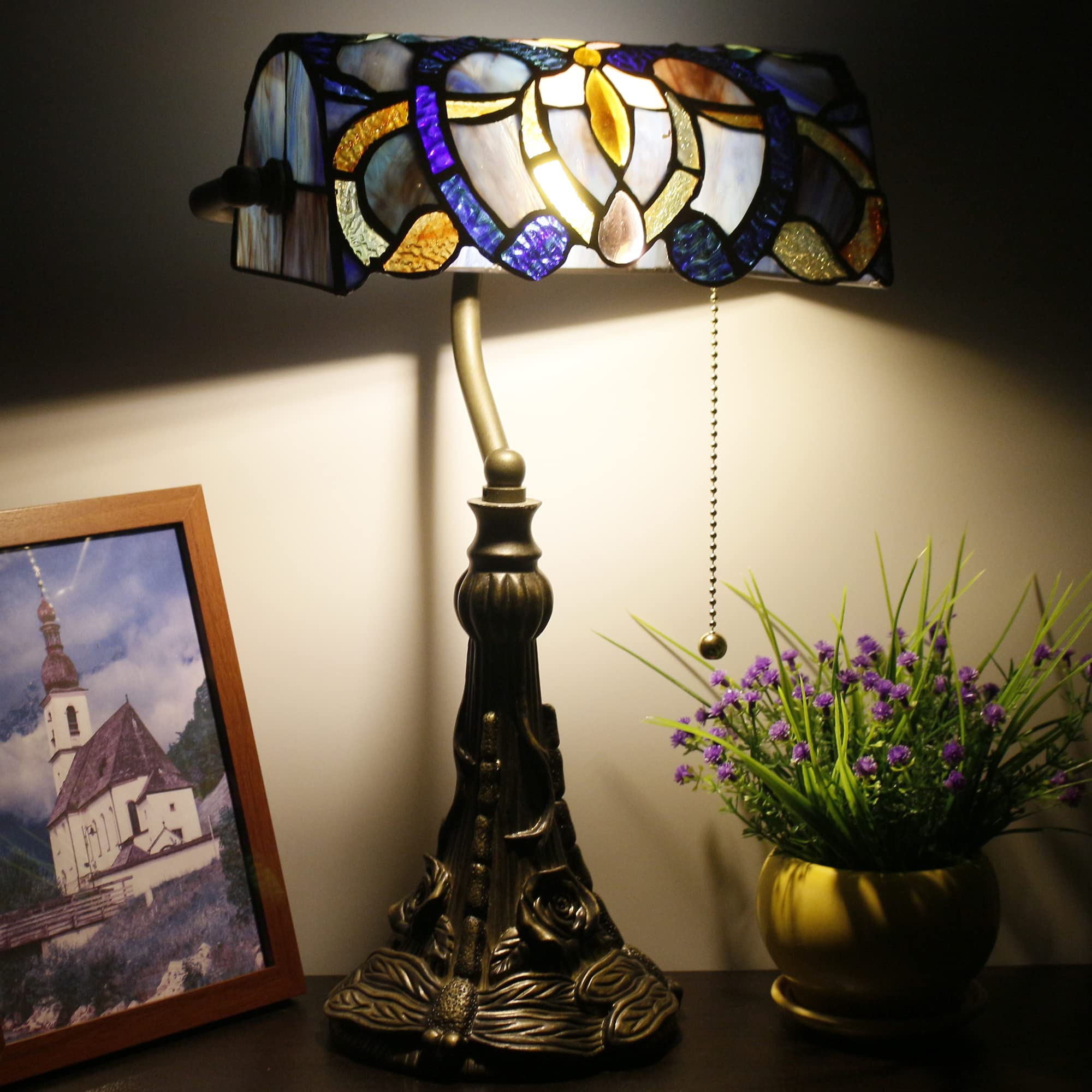Tiffany Banker Lamp Small Stained Glass Table Lamp Tiffany Style Piano Light Green Wisteria Leaf Style Desk Lamp Angle Adjustabl