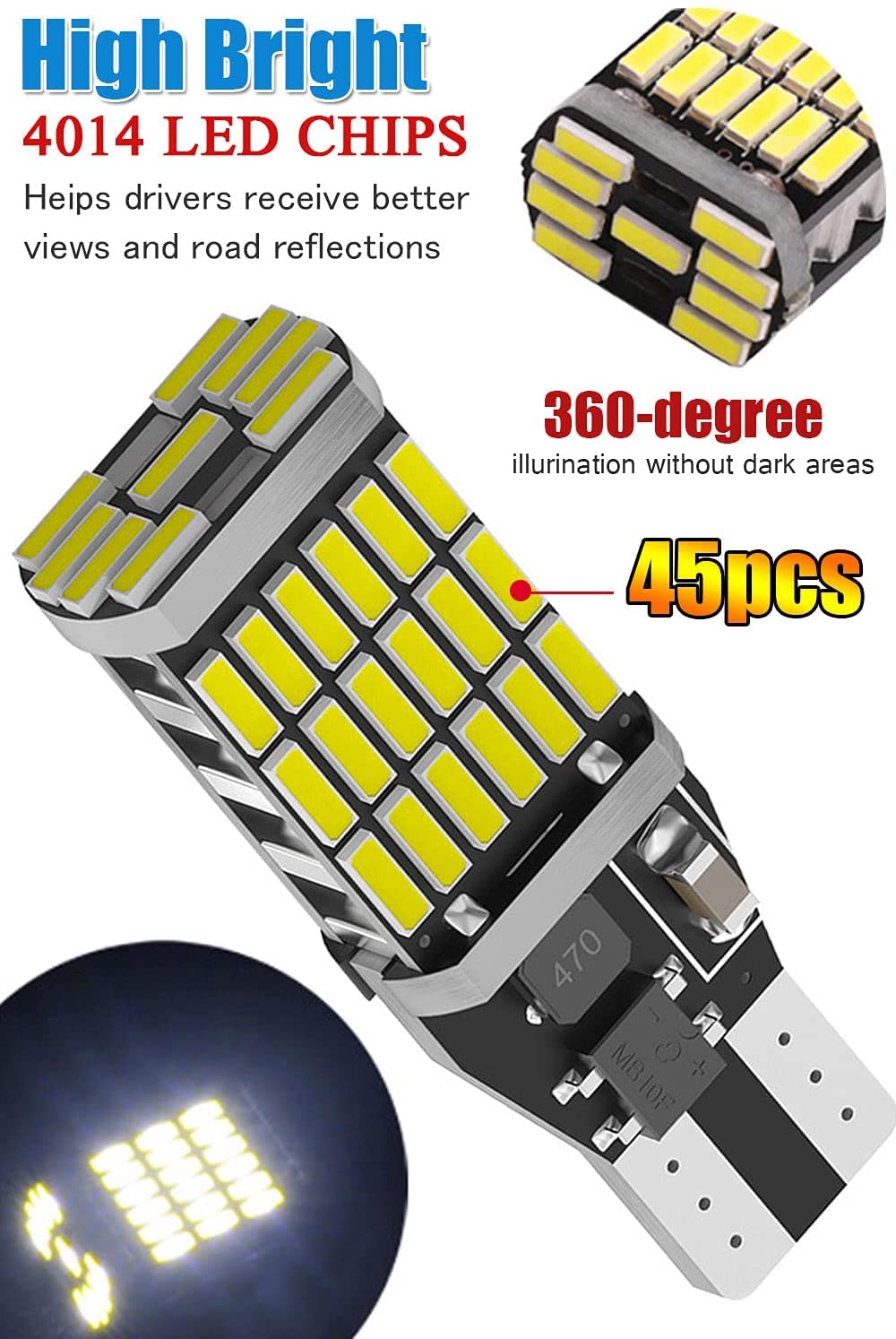 921 Led Bulbs White 912 Reverse Lights Pack Of 2, 6000K Xenon White Canbus T10 T15 906 W16W 921K 922 Back-Up, Replacement For Cargo Lights