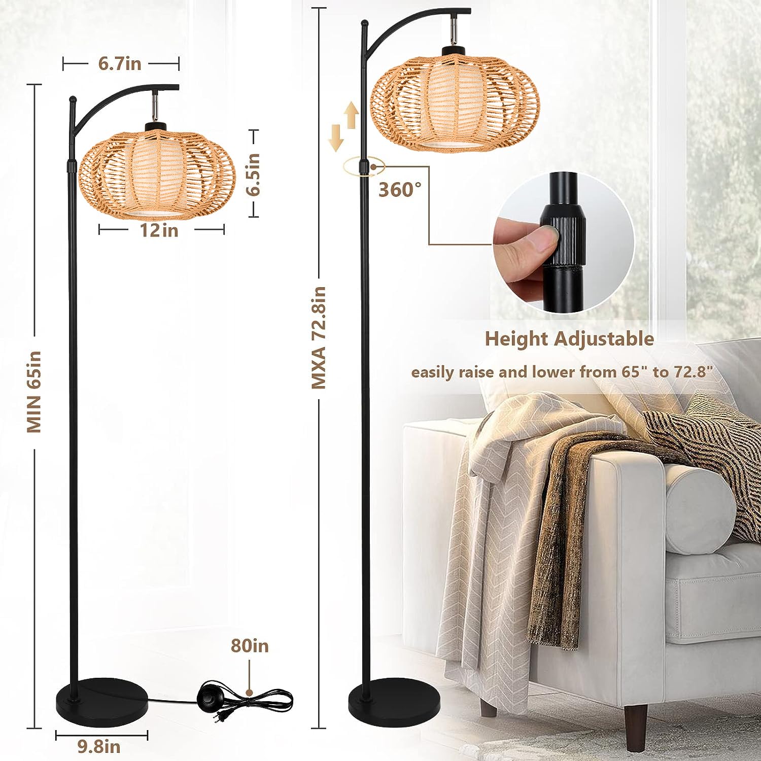 Arc Floor Lamps For Living Room Bedroom Rattan Boho Floor Lamp With Remote Control,Dimmable Floor Standing Lamp Wicker Lamp Shad