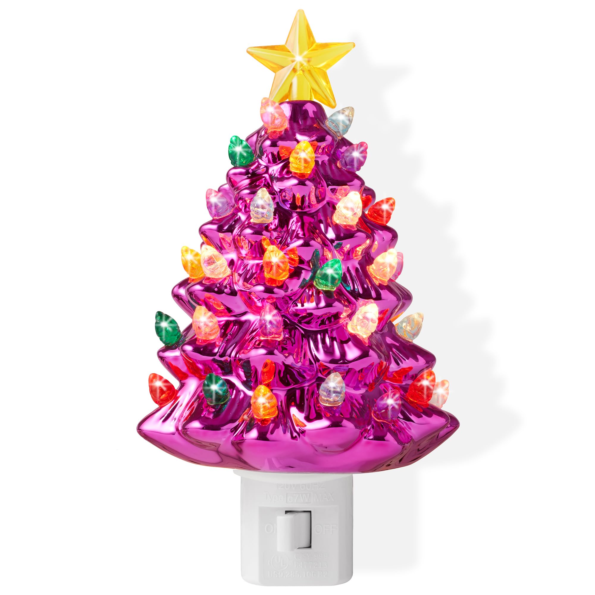 Casafield Ceramic Christmas Tree Night Light - Pink Plug-in Vintage Christmas Decorative Night Light with 28 Bulbs and Star Topp