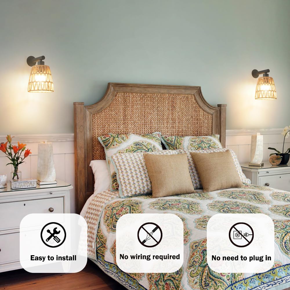 OIYIO Boho Rattan Wall Sconces Set of 2, Black, Battery Operated, RGB Colors, Rechargeable, 6.3in Wireless, Model DX23067W1