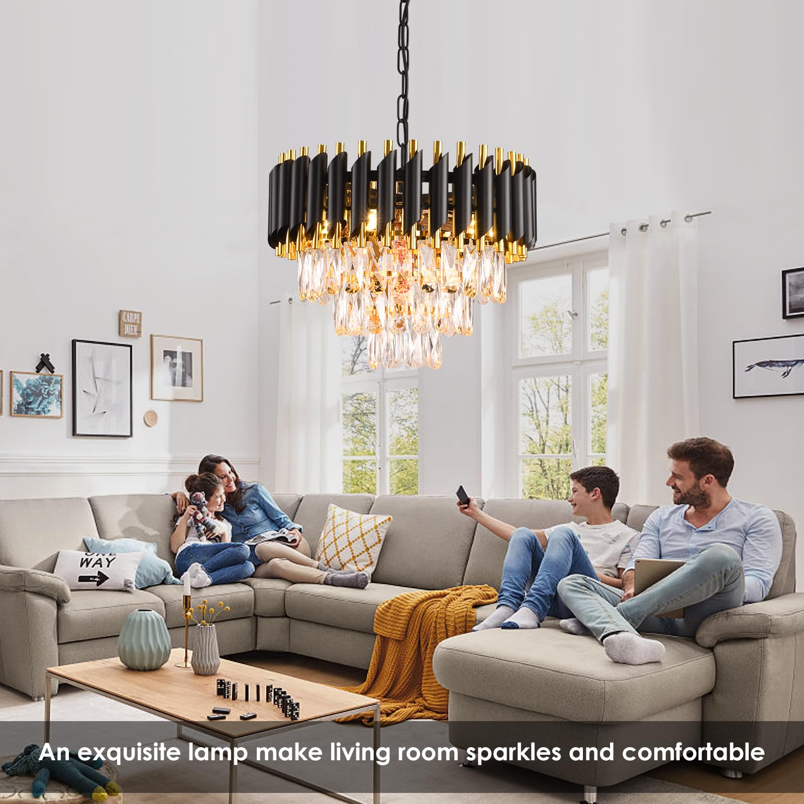 Modern Crystal Chandelier Black And Gold Chandelier 3-Tier Round Chandeliers Pendant Ceiling Light Fixture Flush Mount Chandelie