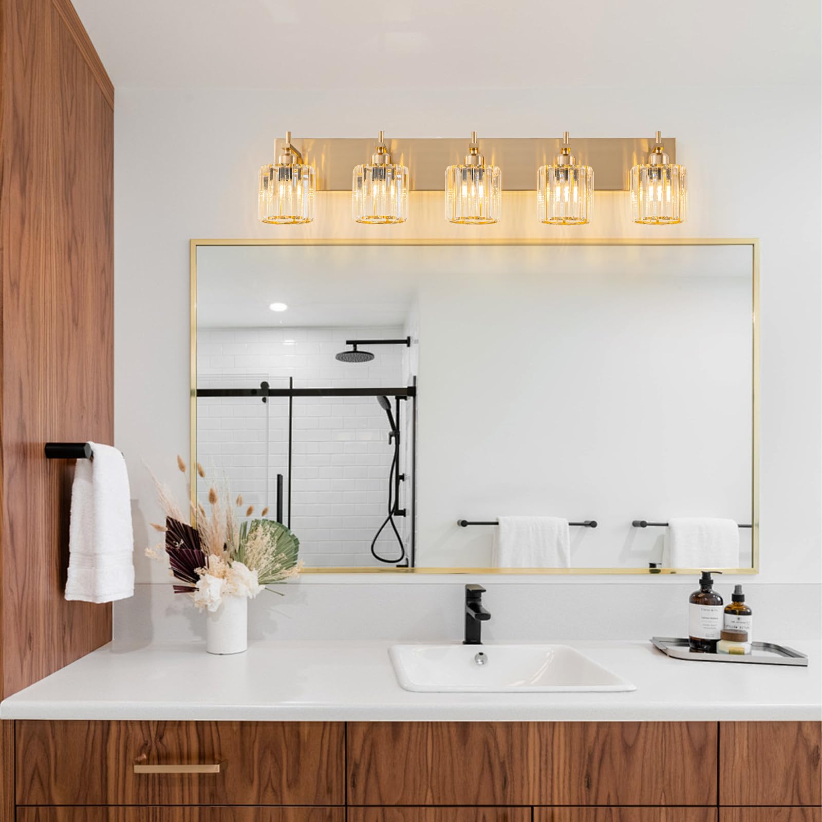 HUOKU 5-Light Modern Crystal Bathroom Vanity Lights, Gold Polished Brass Finish, Metal and Crystal, Over Mirror Lighting