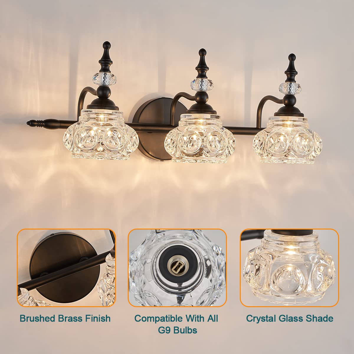 Zilanl 3-Light Vintage Bathroom Light Fixture, Black With Crystal Glass Shade