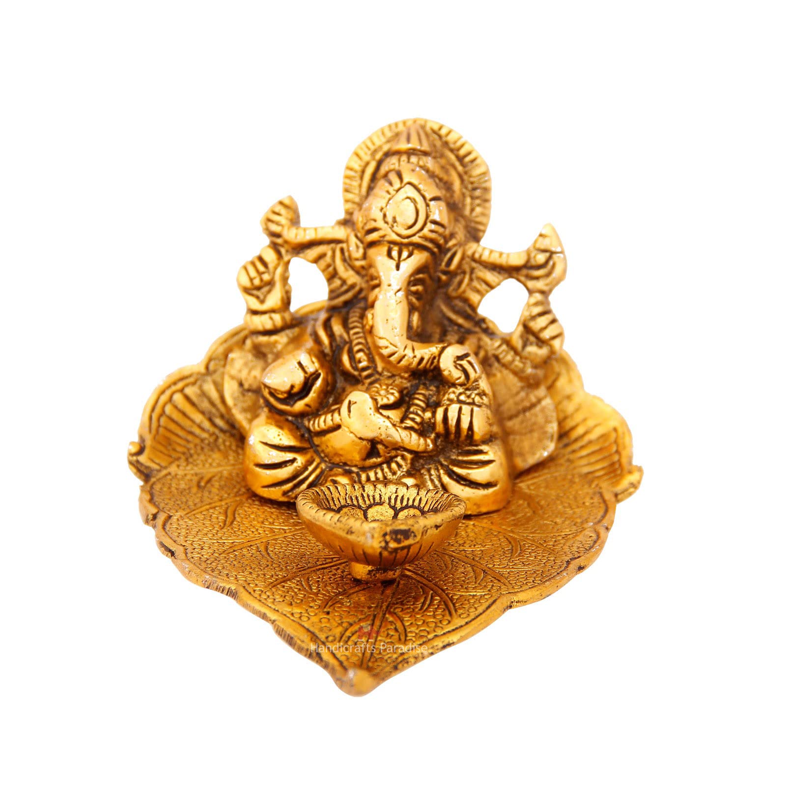 Handicrafts Paradise Diya - Pipal Leaf Shape, Ganesha, Antique Gold Plated, Metal, 4X5 Inches, Golden, Model Oxm18011