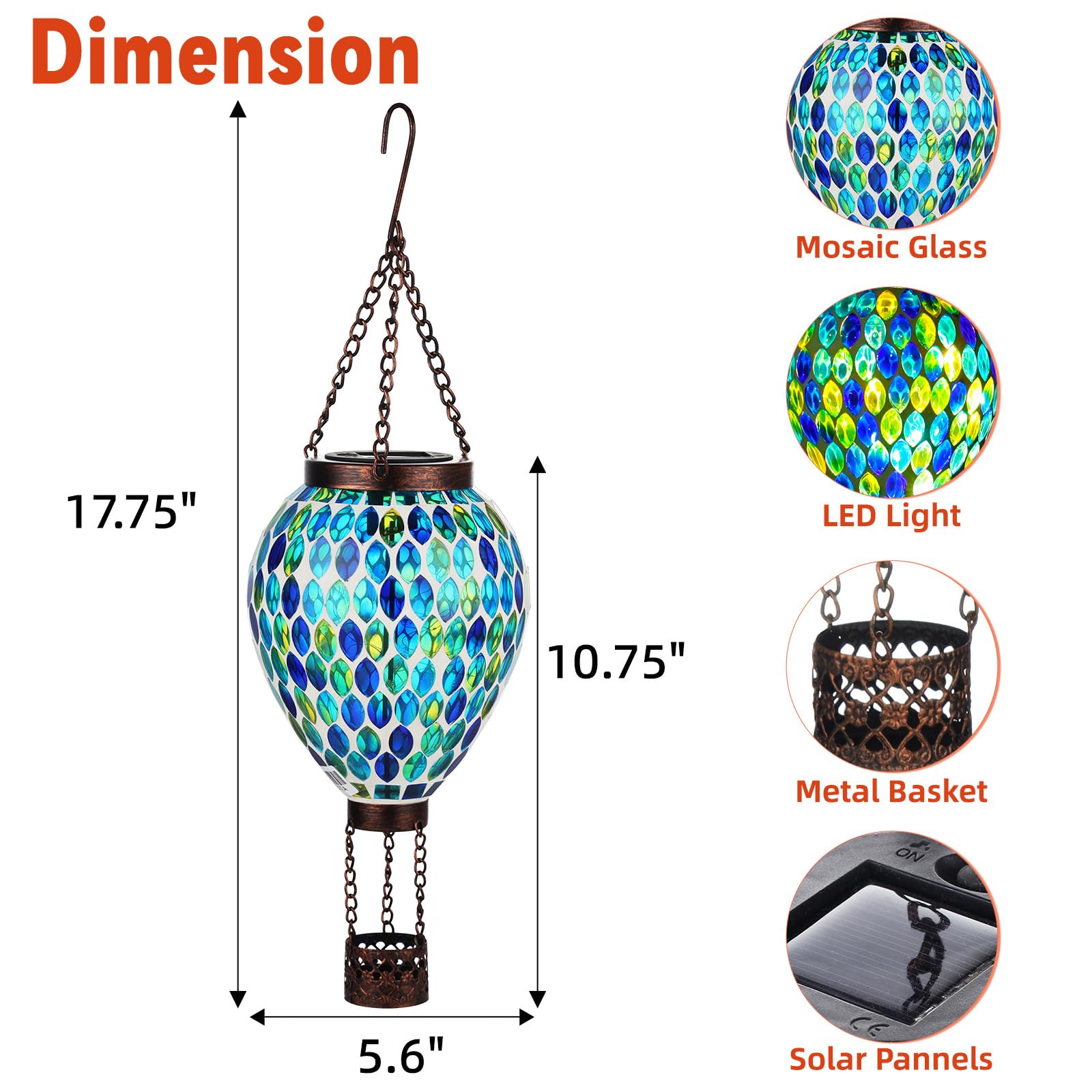 Voreen Hot Air Balloon Solar Lantern  Handmade Mosaic Solar Outdoor Hanging Wind Light  Waterproof  Patio Festive Decor  Gift For Mom Wife Friend  Blue
