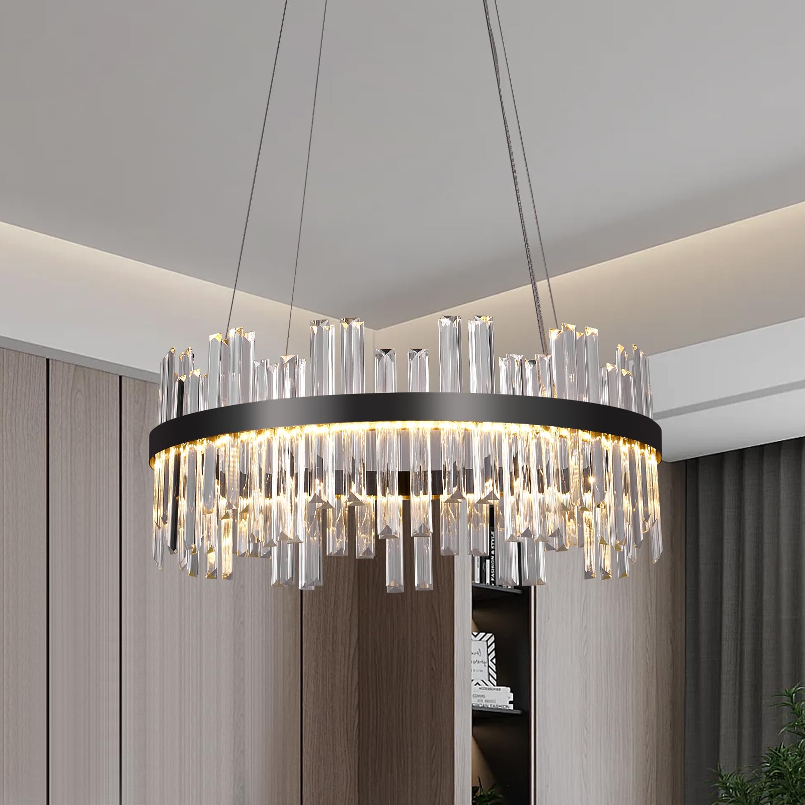 Black Led Modern Crystal Chandelier: 23.6 Round K9 Elegant Clear Crystals 3 Color Dimmable Contemporary Chandeliers for Dining Room Lights over Table - Adjustable Height Living Room Light with Remote