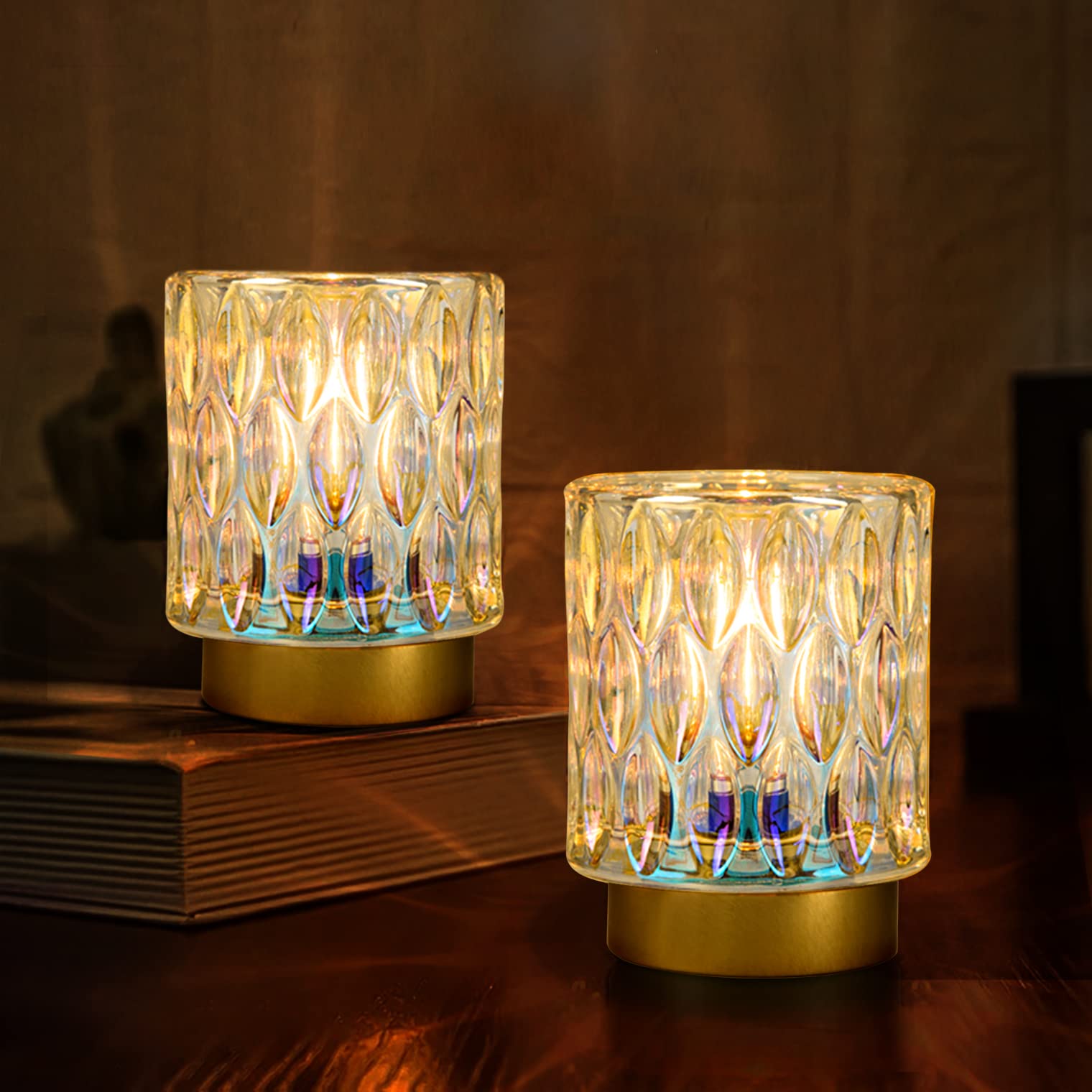 MJ PREMIER Battery Operated Table Lamps, Mini Crystal, 2 Packs, Cordless LED, Pearl Color, Decorative for Home Use