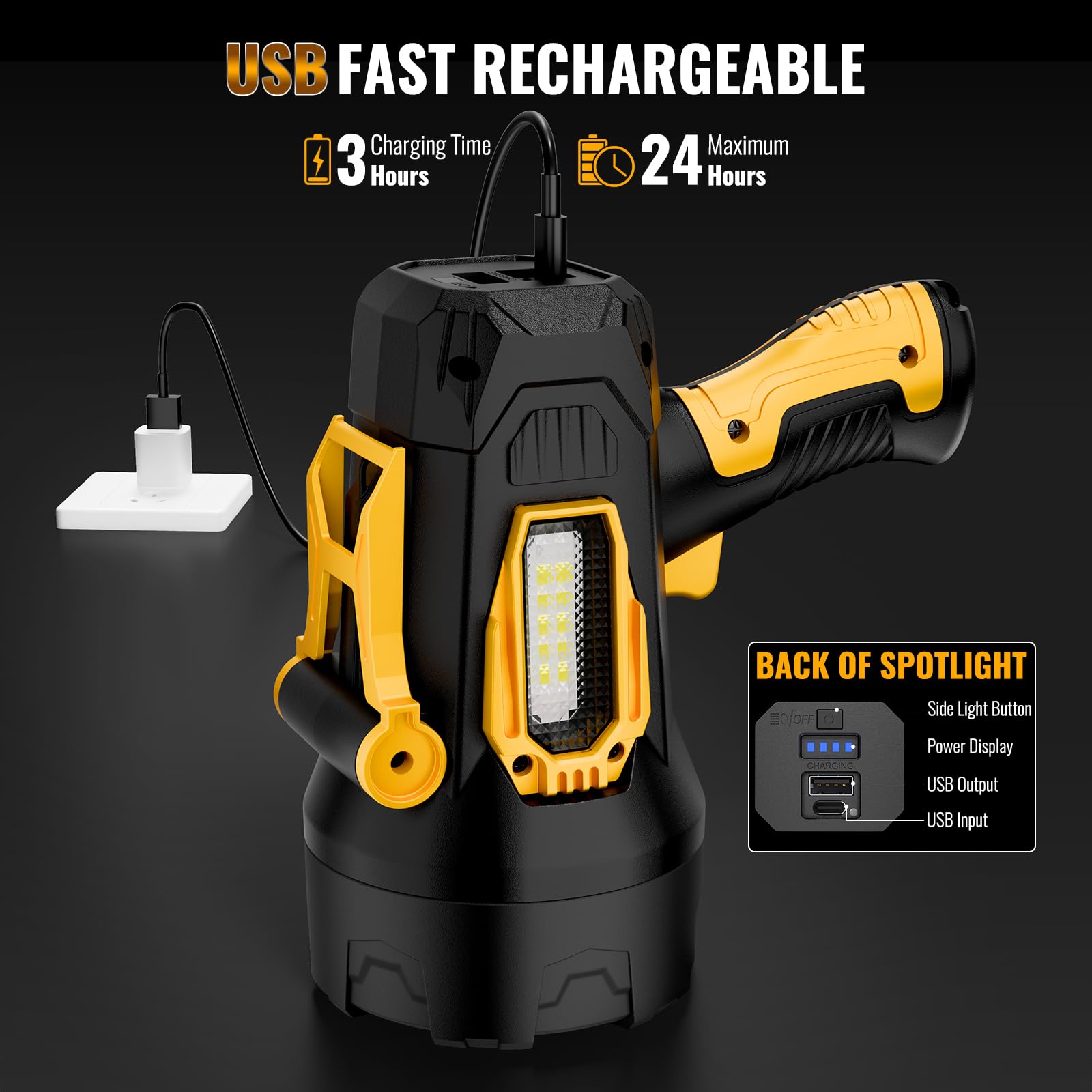 BEFAMALI Rechargeable Spotlight 99000 Lumens LED Flashlight with COB Light & Tripod, 10000mAh, Black, Model W5225