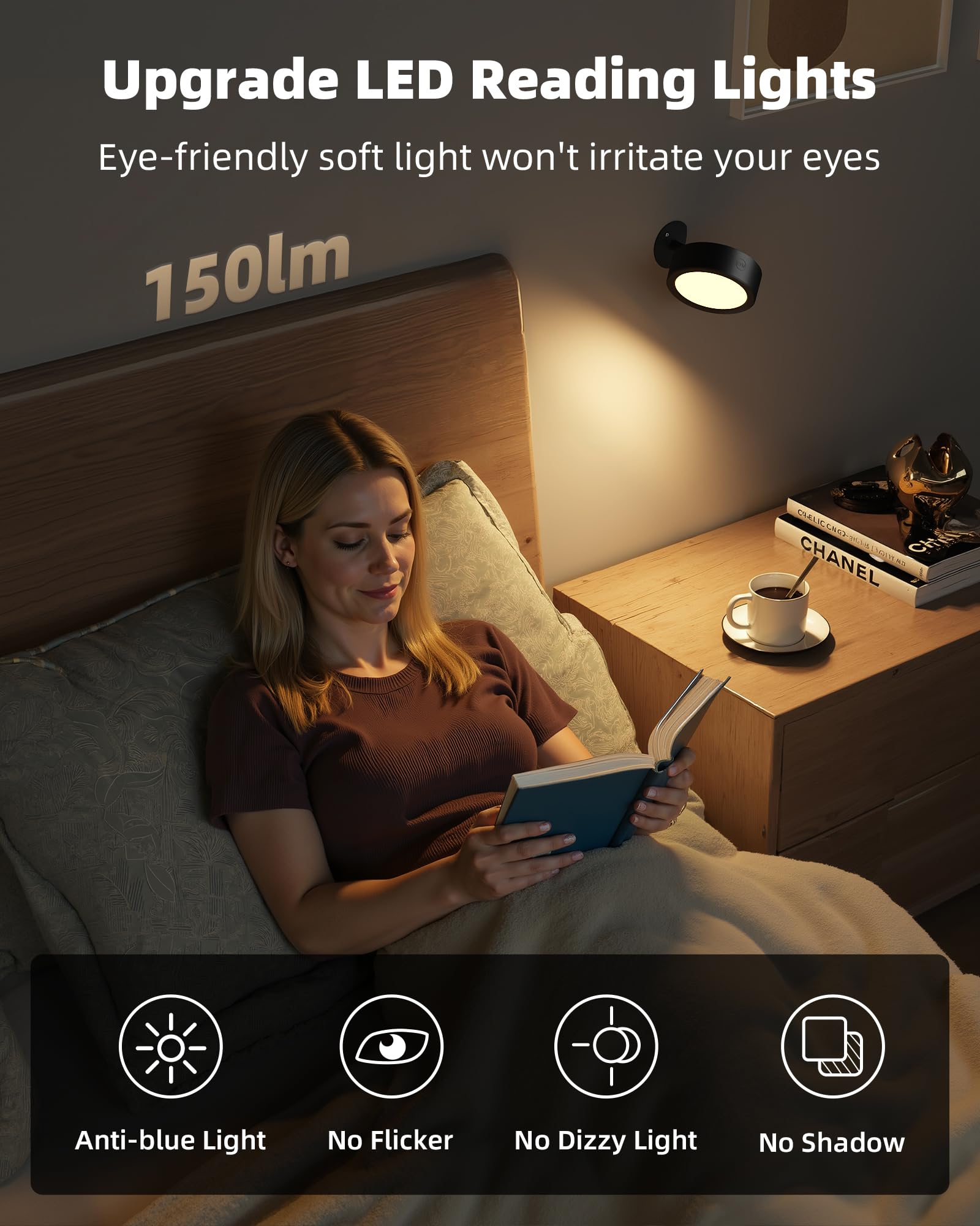 EZVALO LED Wall Mounted Light, 5500mAh Rechargeable, 3 Color Temps, Remote & Touch Control, 360° Dimmable, 1 Pack, Black, Model EZ