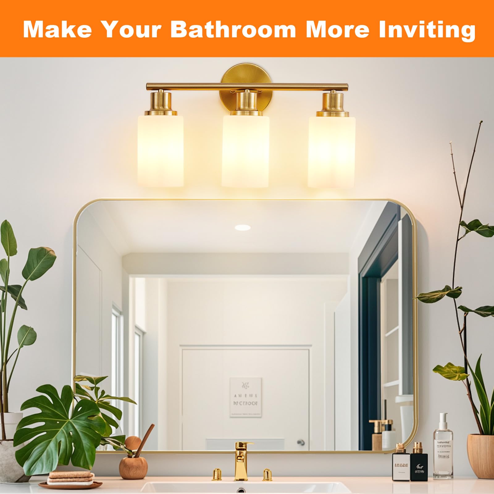 DINGLILIGHTING DLLT 3-Light Bathroom Light Fixtures, Gold Vanity Lights, Milky White Glass Shade, Brushed Gold, Model DLLT-3L-MWBG