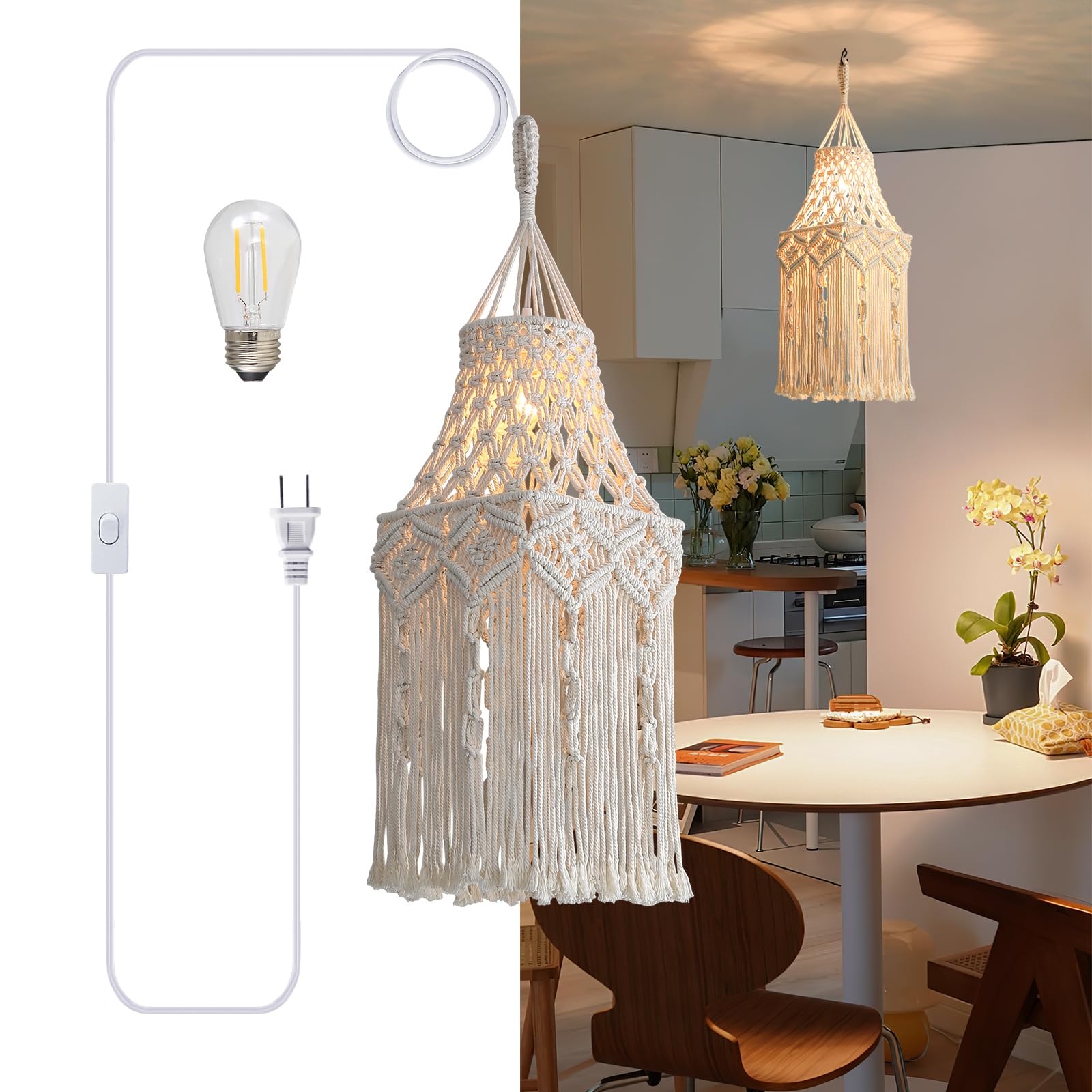 Bioaqua Boho Lamp Shade Pendant Light, Handmade Macrame, Plug in Cord, for Bedroom Living Room Decor, Color Type4