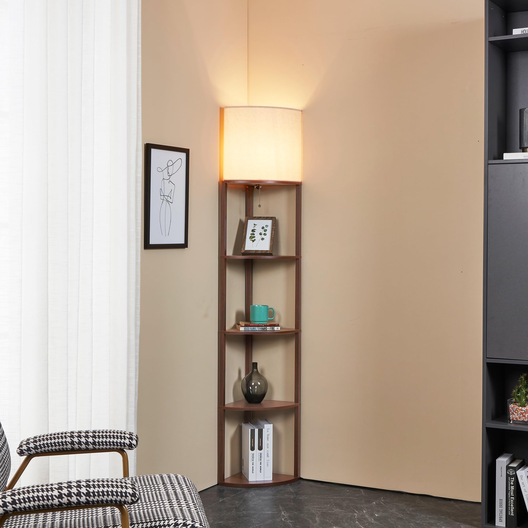 Atamin Corner Floor Lamp With Shelves - Tall Corner Lamp With Pull Chain Switch - Modern Floor Lamp For Living Room, Bedroom, Or