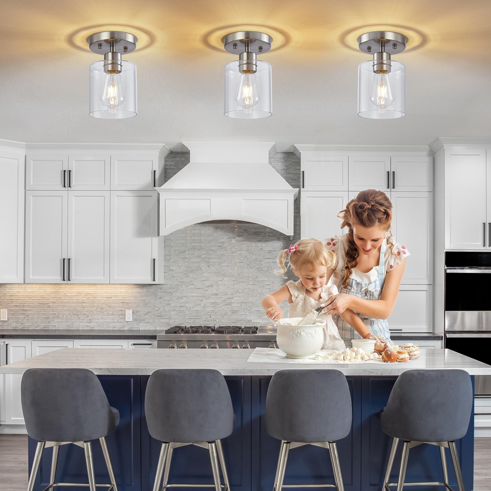 1-Light Flush Mount Ceiling Light, Brushed Nickel Hallway Light Fixture, Small Kitchen Lighting With Clear Glass Shade, For Entr